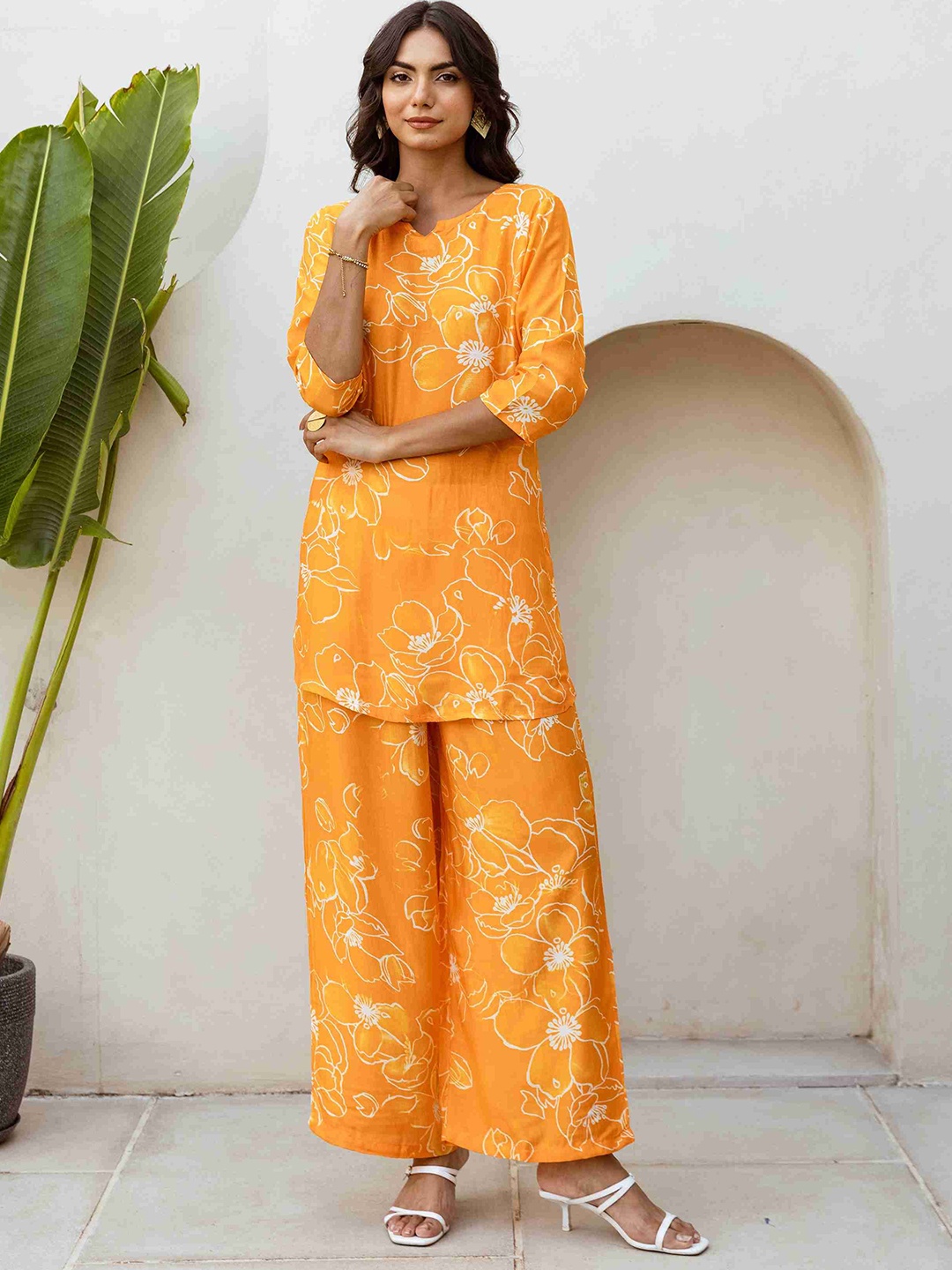 

HUKUM Floral Printed Pure Silk Tunic & Palazzo, Orange