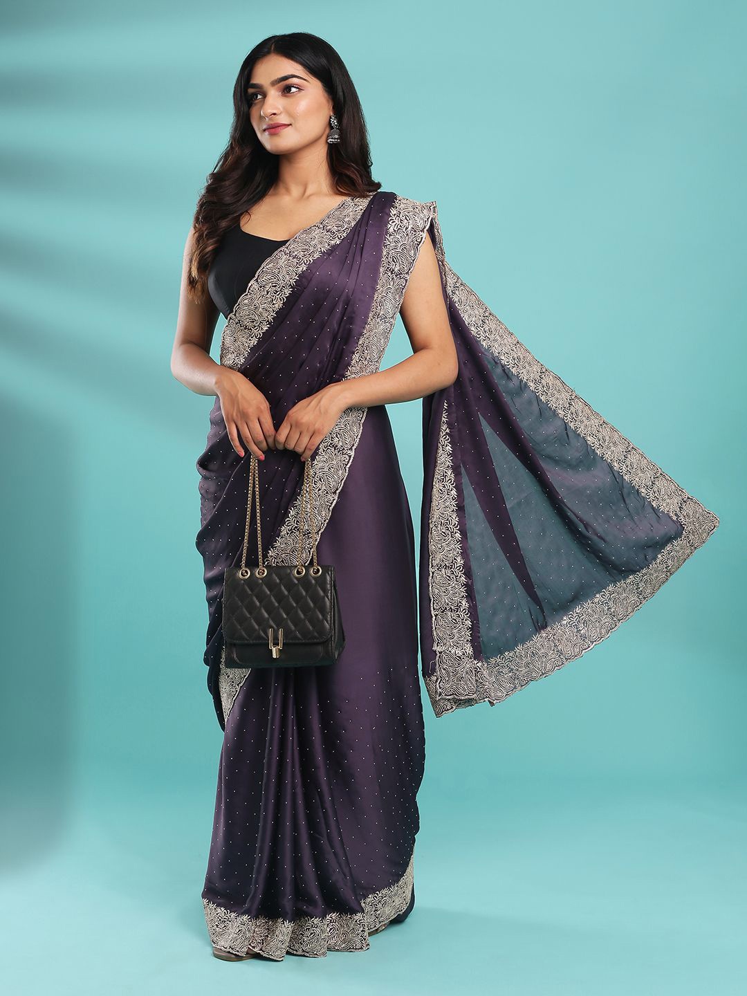 

Kalyan Silks Embellished Beads and Stones Bagru Saree, Purple