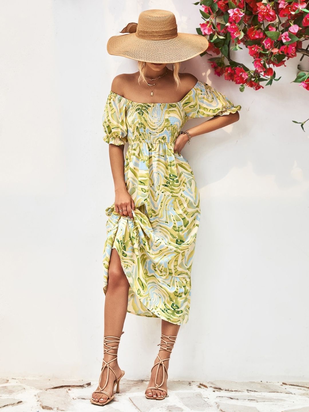 

StyleCast Women Abstract Printed Smocked A-Line Midi Dress, Green