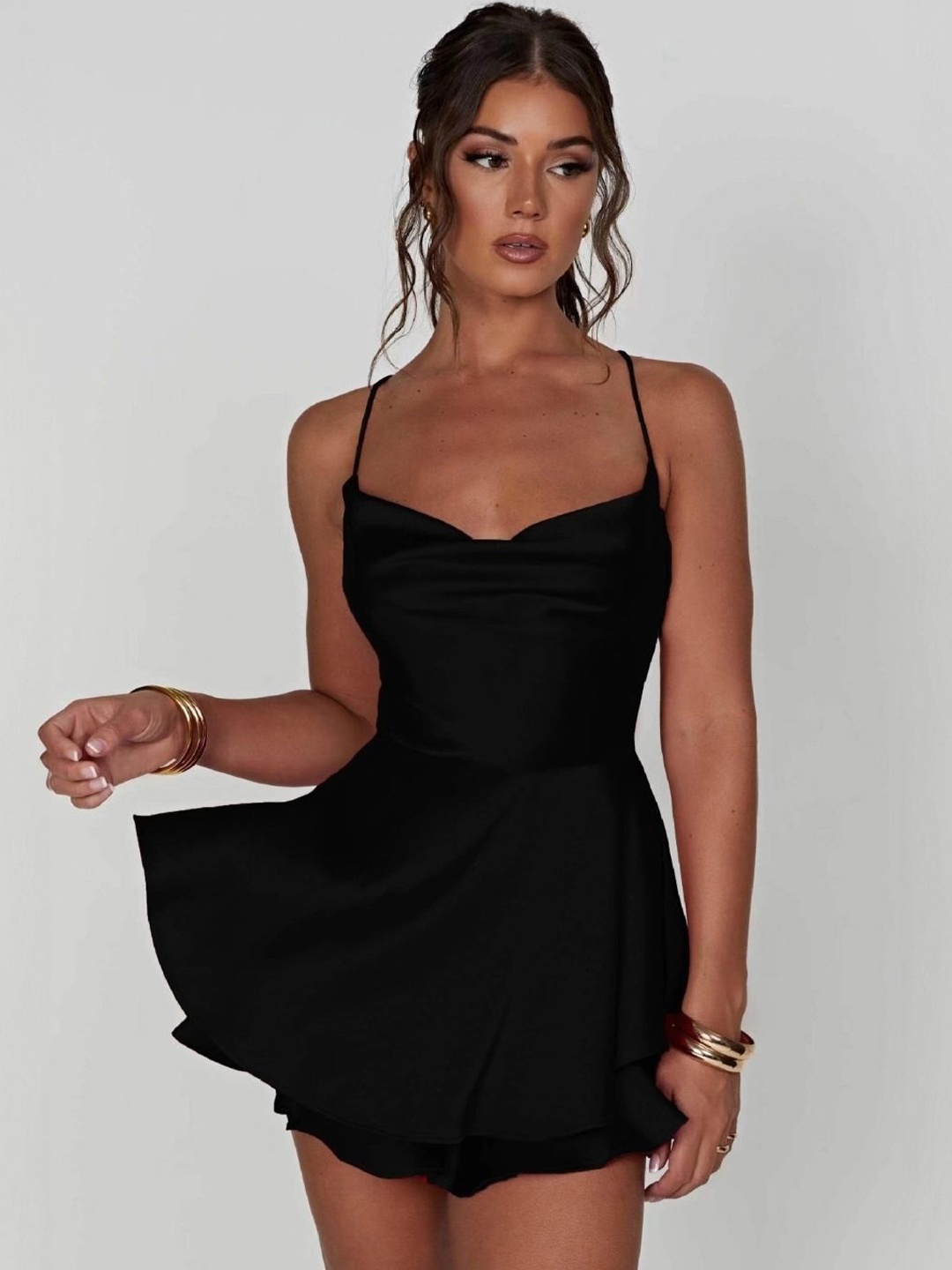 

KPOP Women Shoulder Straps Fit - Flare Dress, Black
