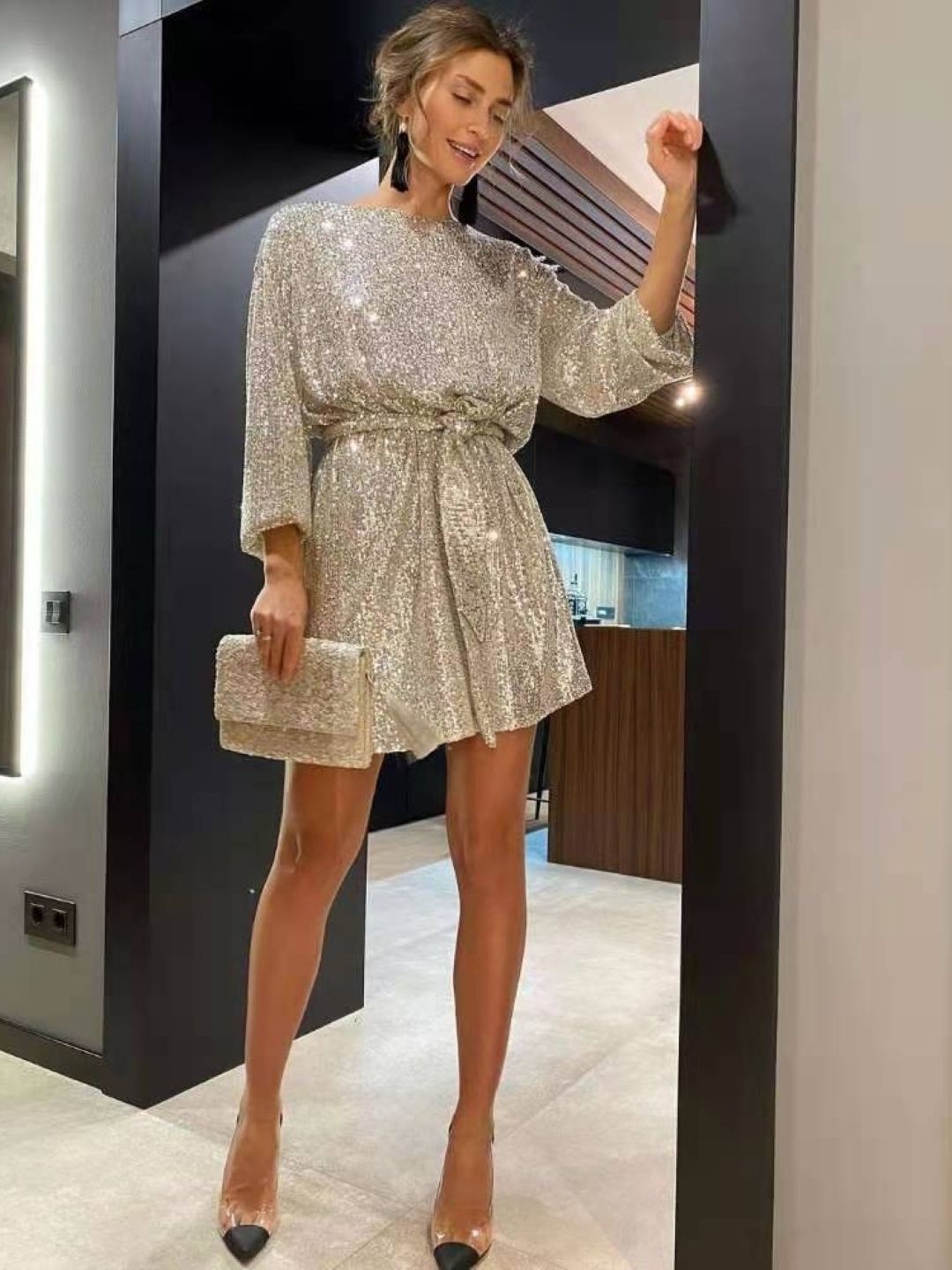 

HERE&NOW Women Boat Neck Above Knee Long Sleeves Sheath Dress, Gold