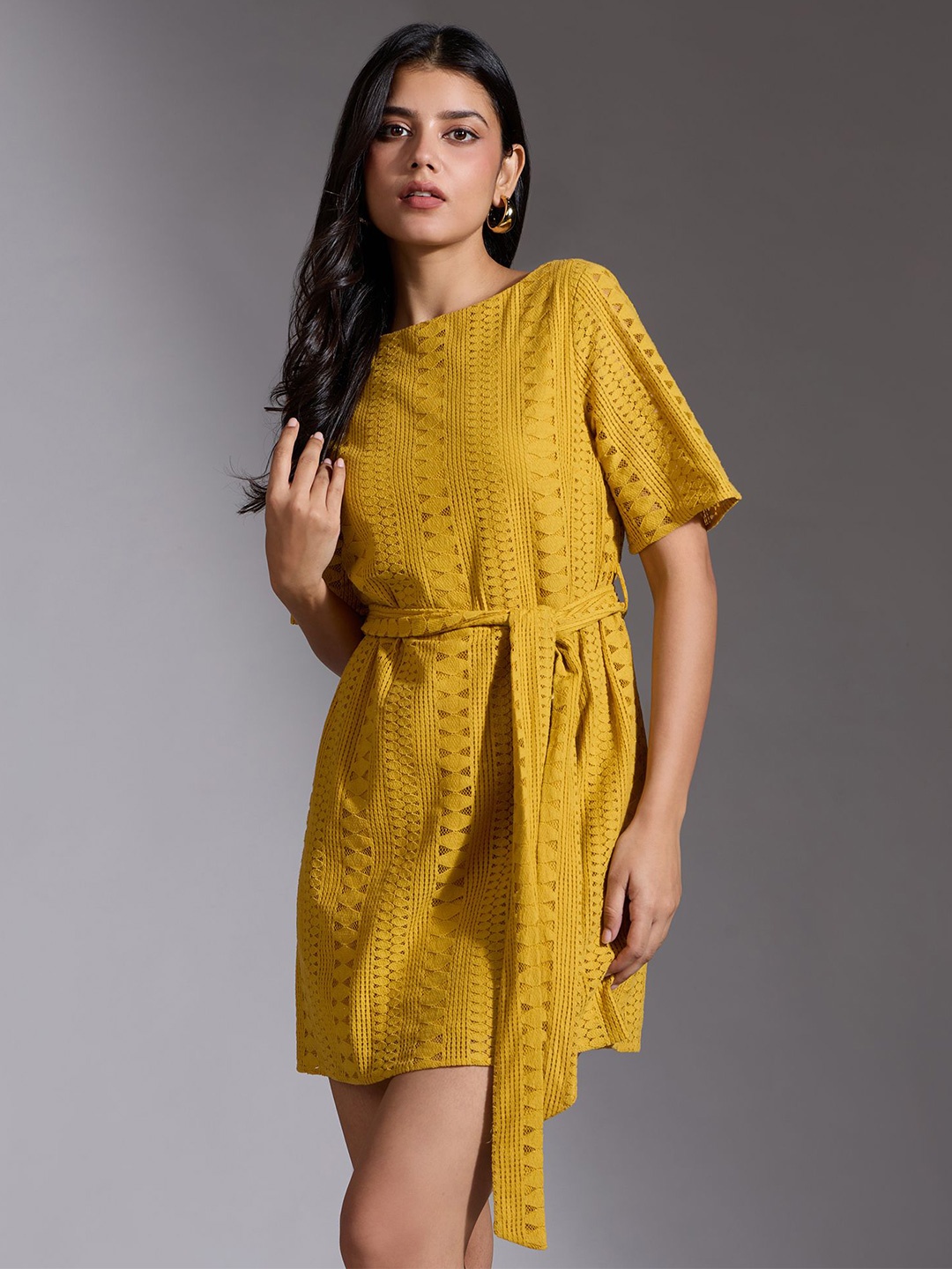

20Dresses Women Self Design Boat Neck Short Sleeve A-Line Mini Dress, Mustard