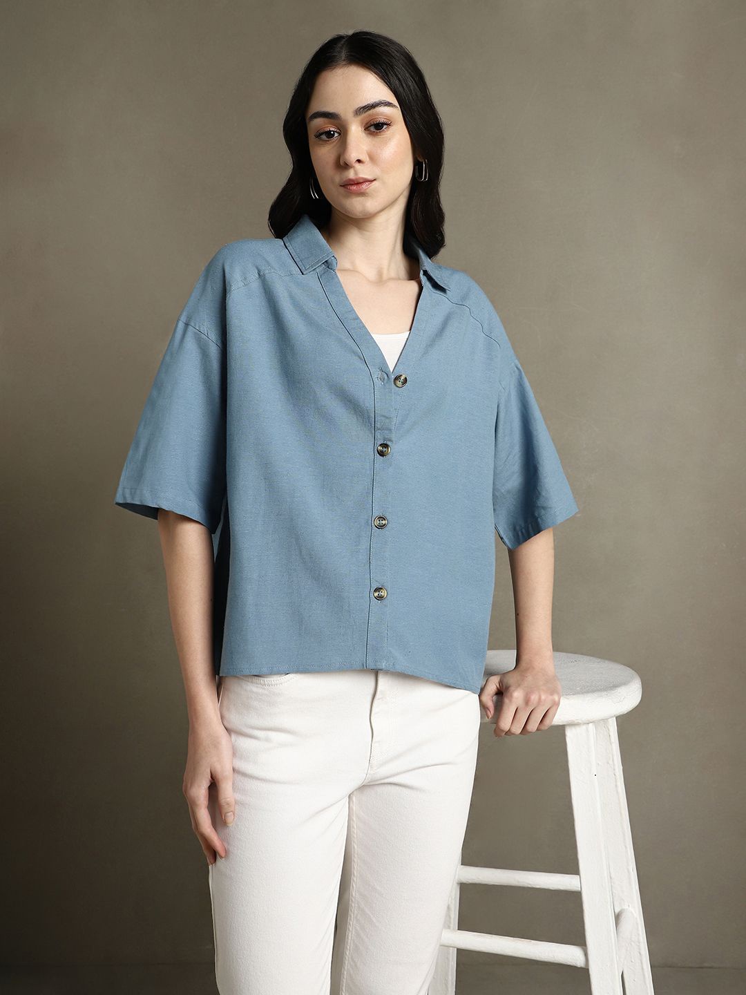 

DL Woman Spread Collar Solid Cotton Oversized Casual Shirt, Blue