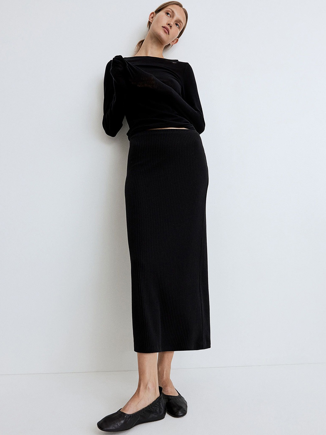 

H&M Ribbed Midi Skirt, Black