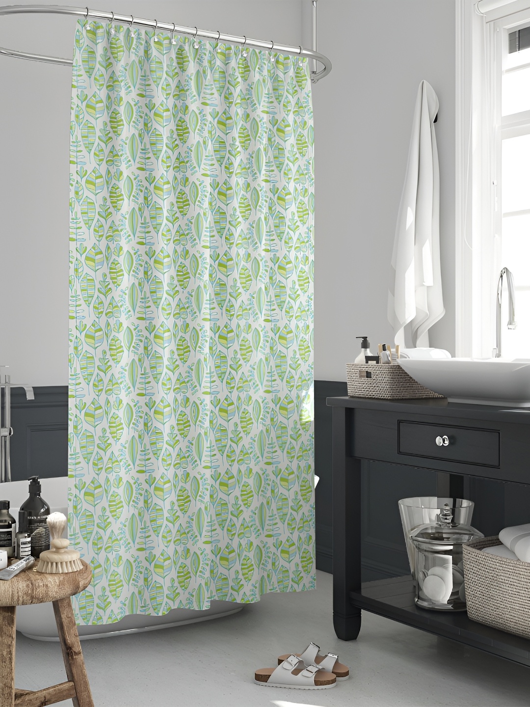 

ArtzFolio White & Green Floral Printed Waterproof Shower Curtain