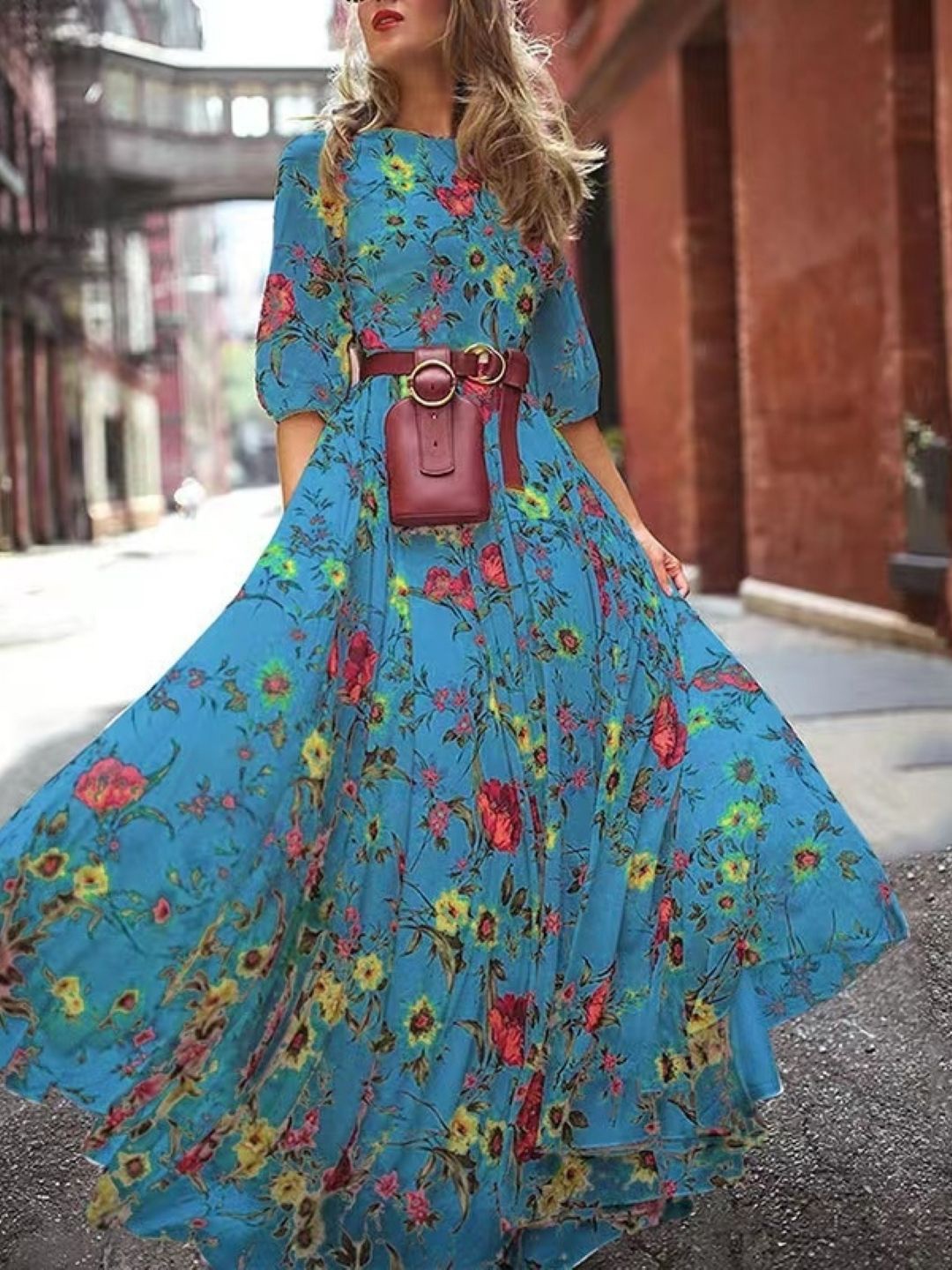

HERE&NOW Women Floral Print A-Line Maxi Dress, Blue