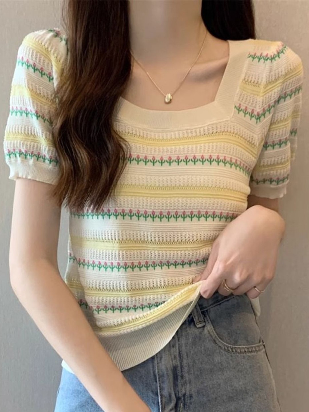 

StyleCast Women Square Neck Short Sleeves Striped Top, Yellow