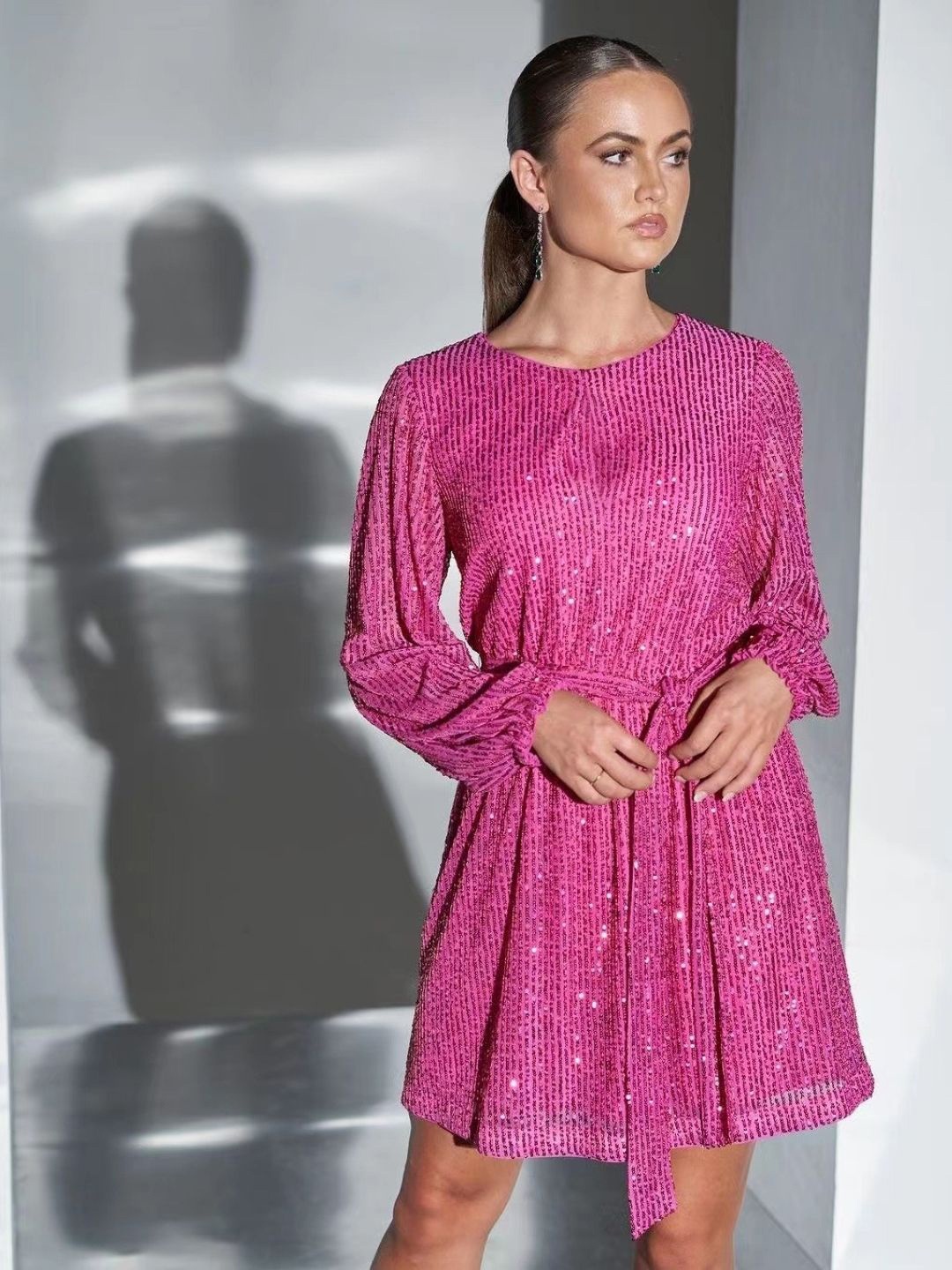 

HERE&NOW Boat Neck Above Knee Long Sleeves Sheath Dress, Pink