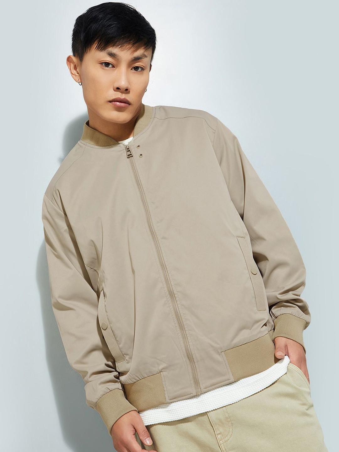 

max URB_N Men Solid Bomber Jacket, Beige