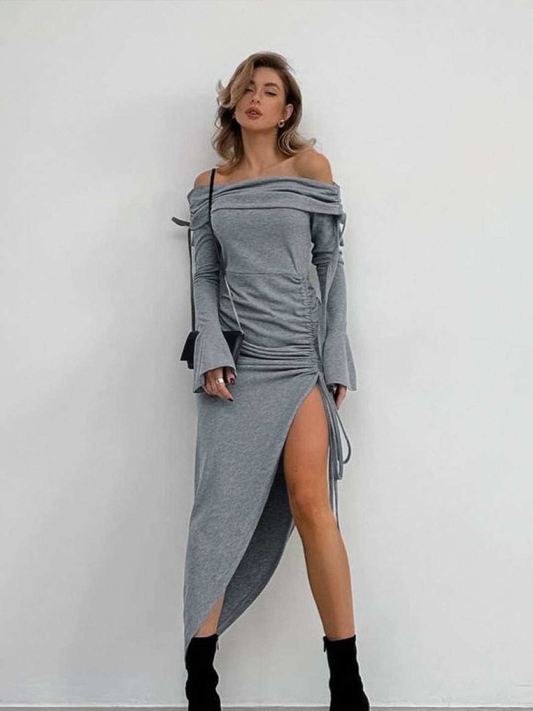 

StyleCast Women Cotton Off-Shoulder Bell Sleeve Bodycon Midi Dress, Grey