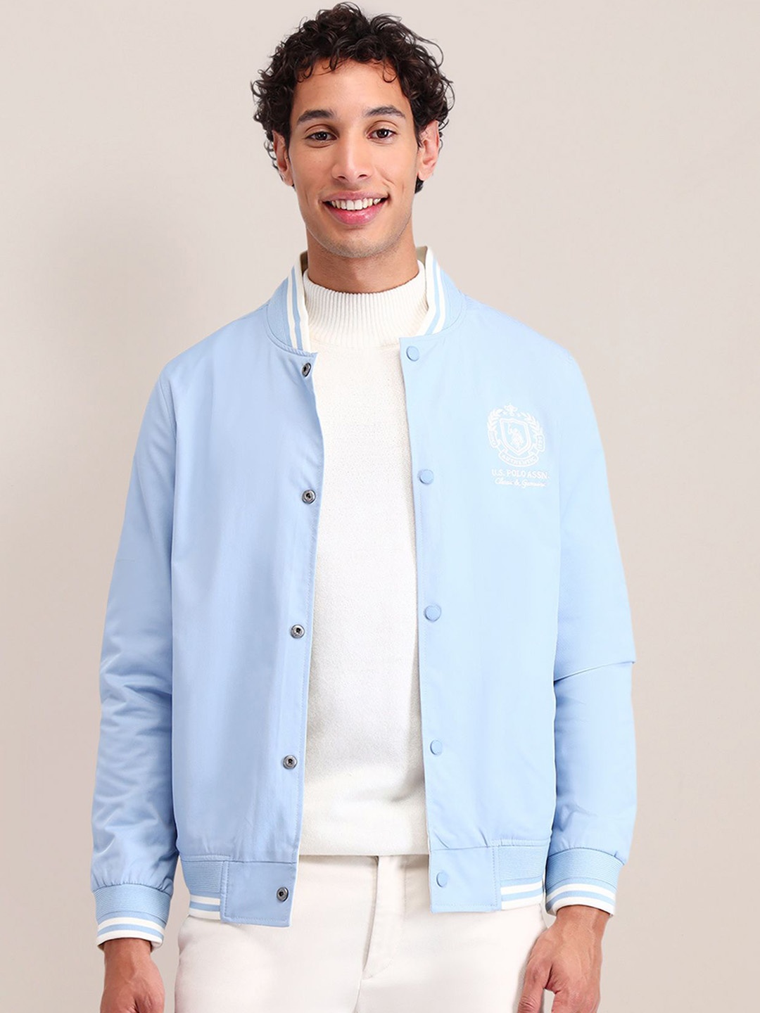 

U.S. Polo Assn. Men Brand Logo Polyester Reversible Varsity Jacket, Blue