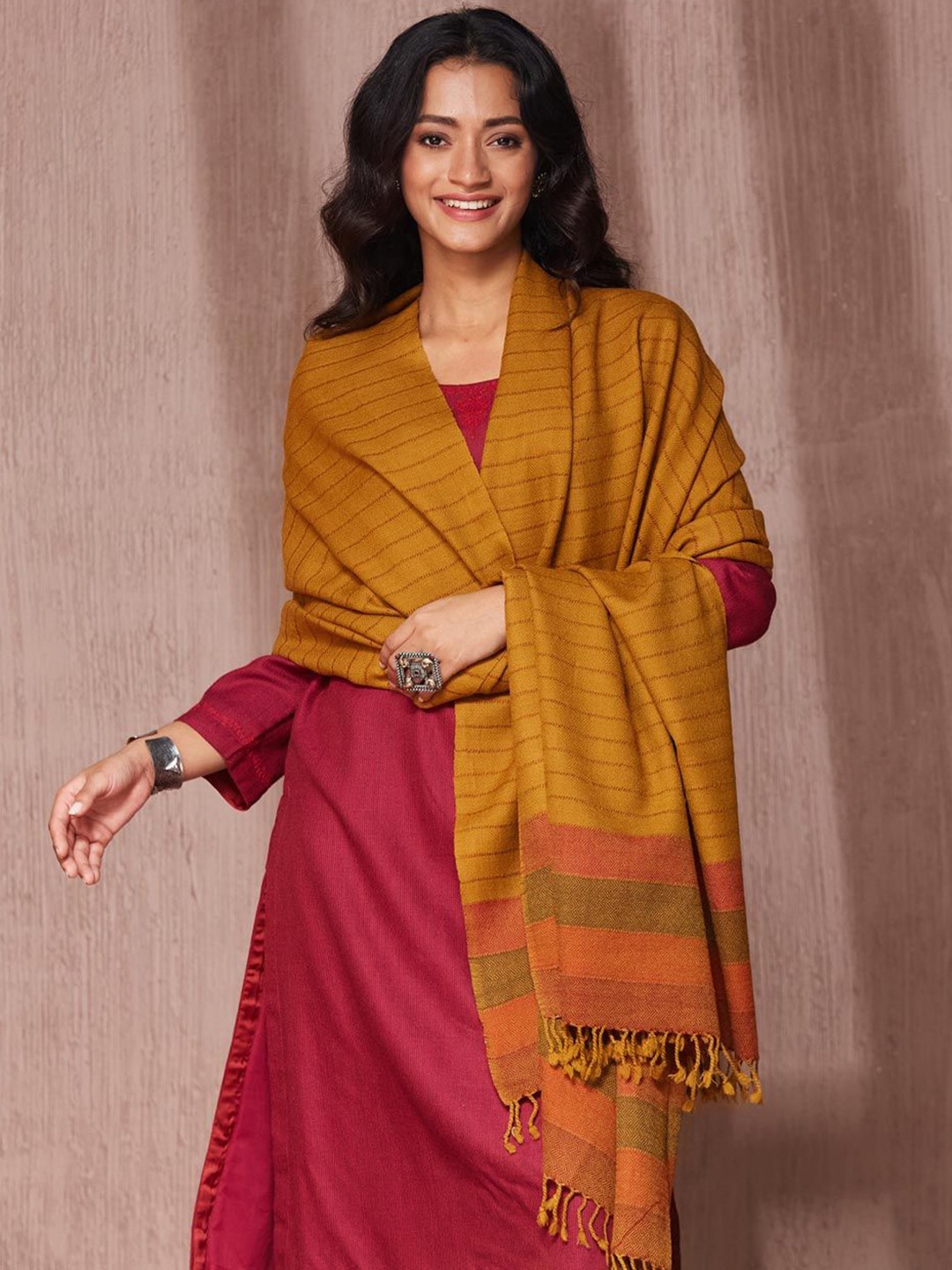 

Fabindia Women Striped Woven Design Shawl, Mustard