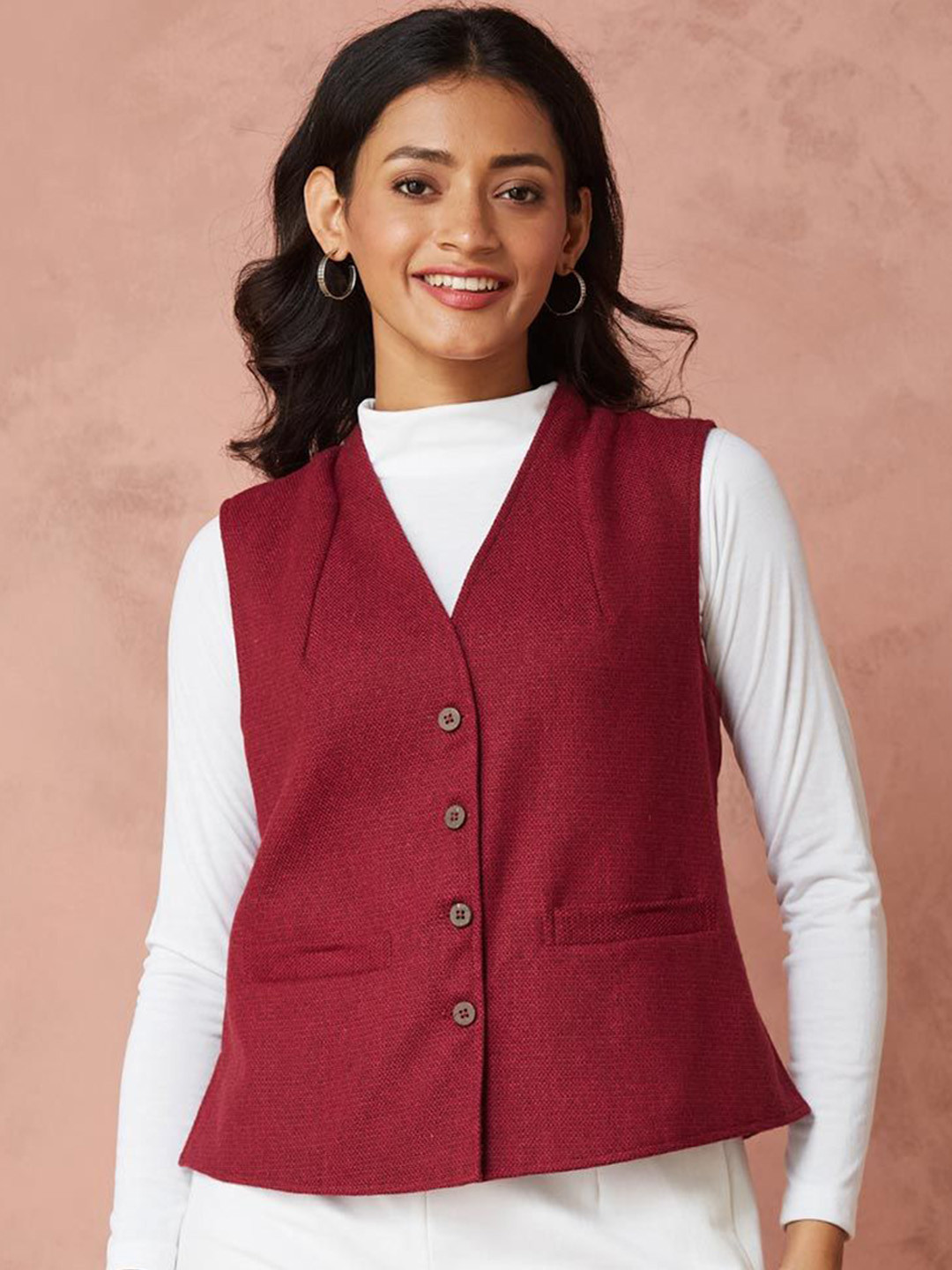 

Fabindia V-Neck Sleeveless Waistcoat, Red