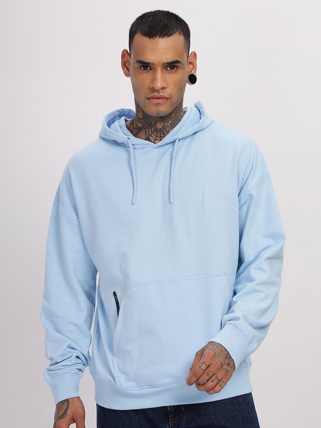 

Elzoh Men Oversized Solid Hooded Sweatshirt, Turquoise blue