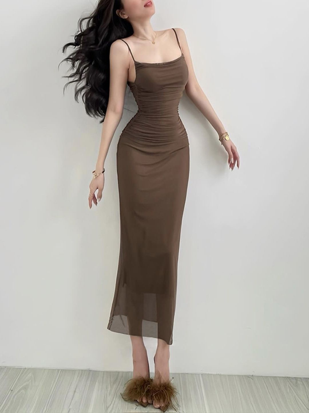 

KPOP Women Shoulder Straps Bodycon Dress, Brown