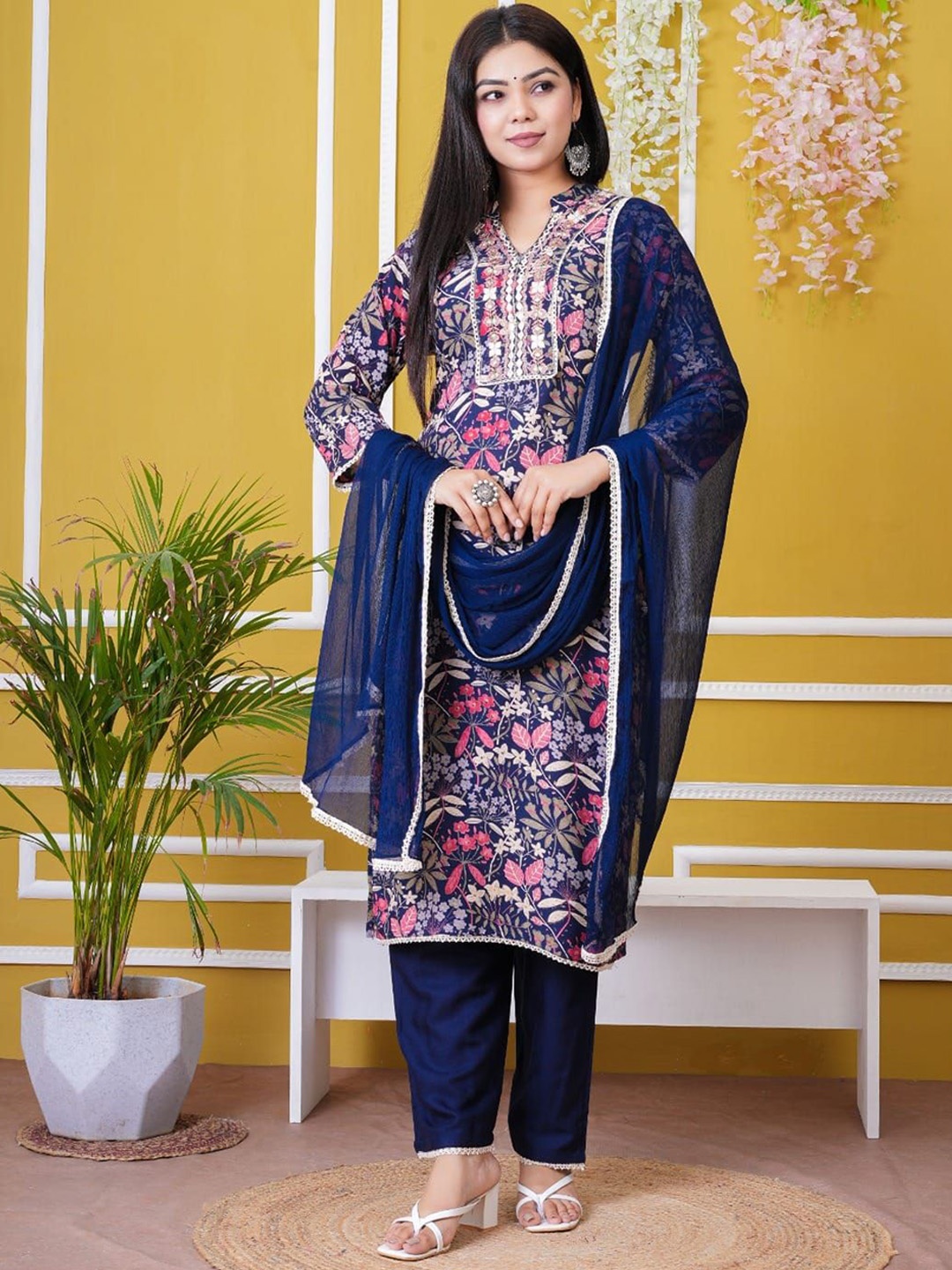 

Fabinn Floral Embroidered Mirror Work Straight Kurta With Trousers & Dupatta, Blue