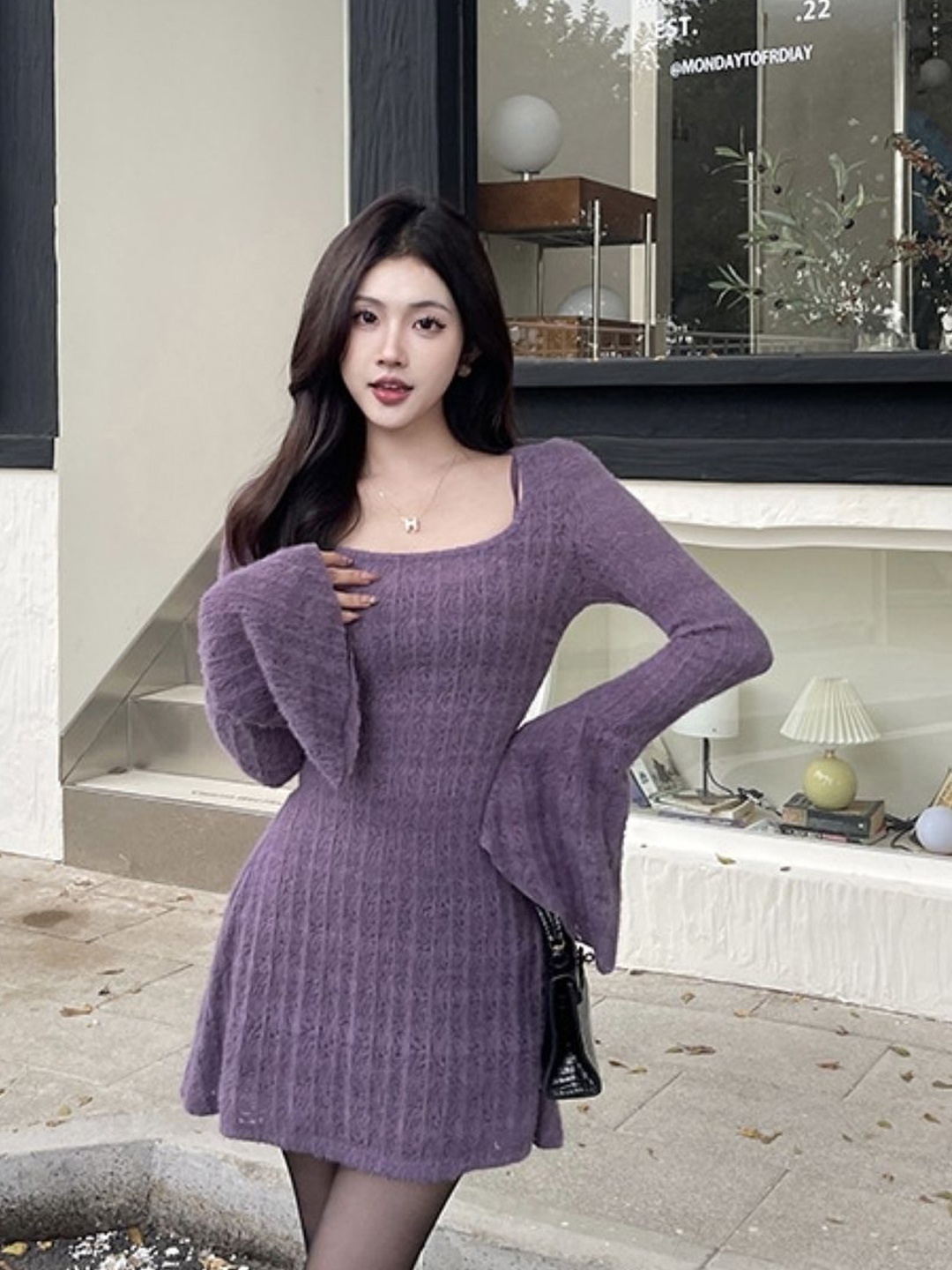 

KPOP Women Long Bell Sleeve A-Line Casual Dress, Purple