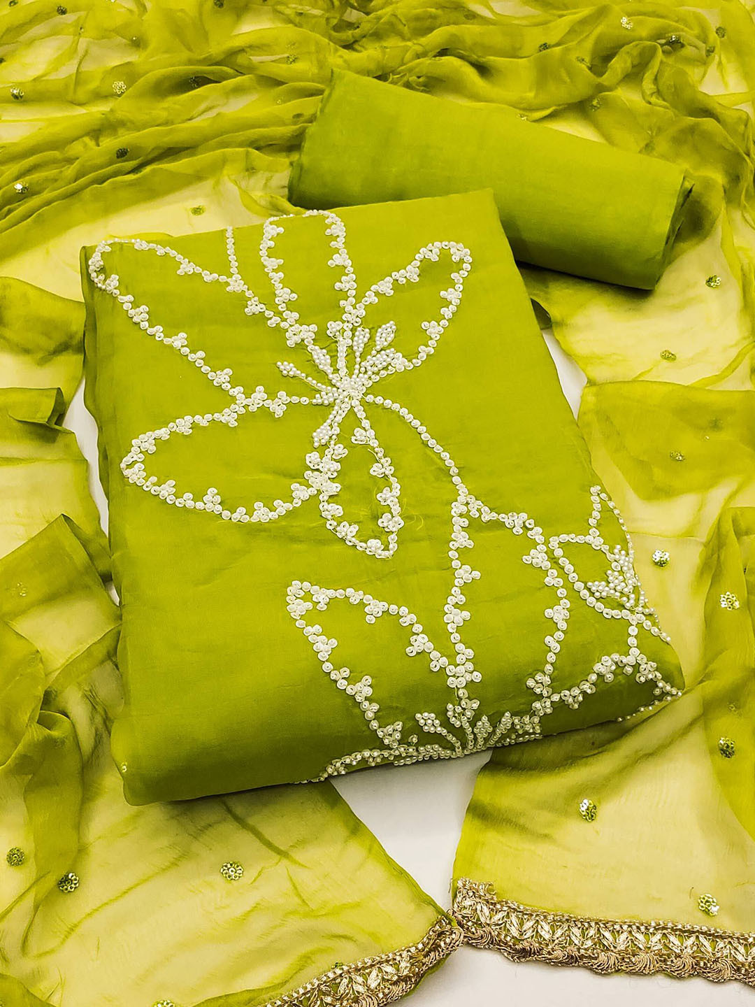 

Peachmode Floral Embroidered Beads and Stones Unstitched Dress Material, Green