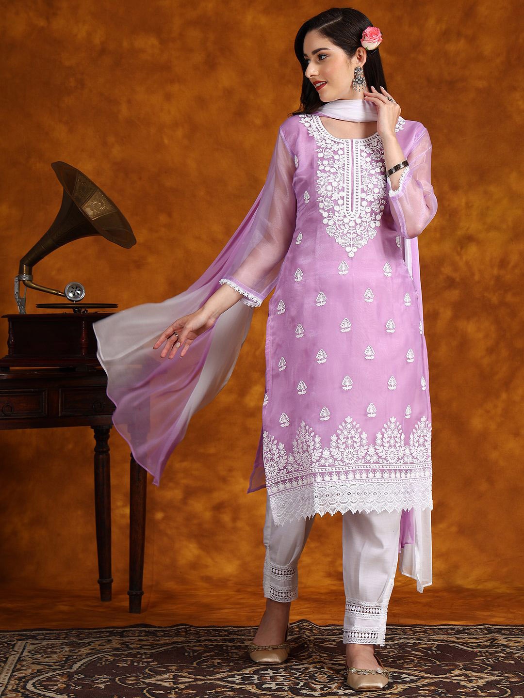 

Sangria Embroidered Kurta & Trousers With Dupatta, Purple