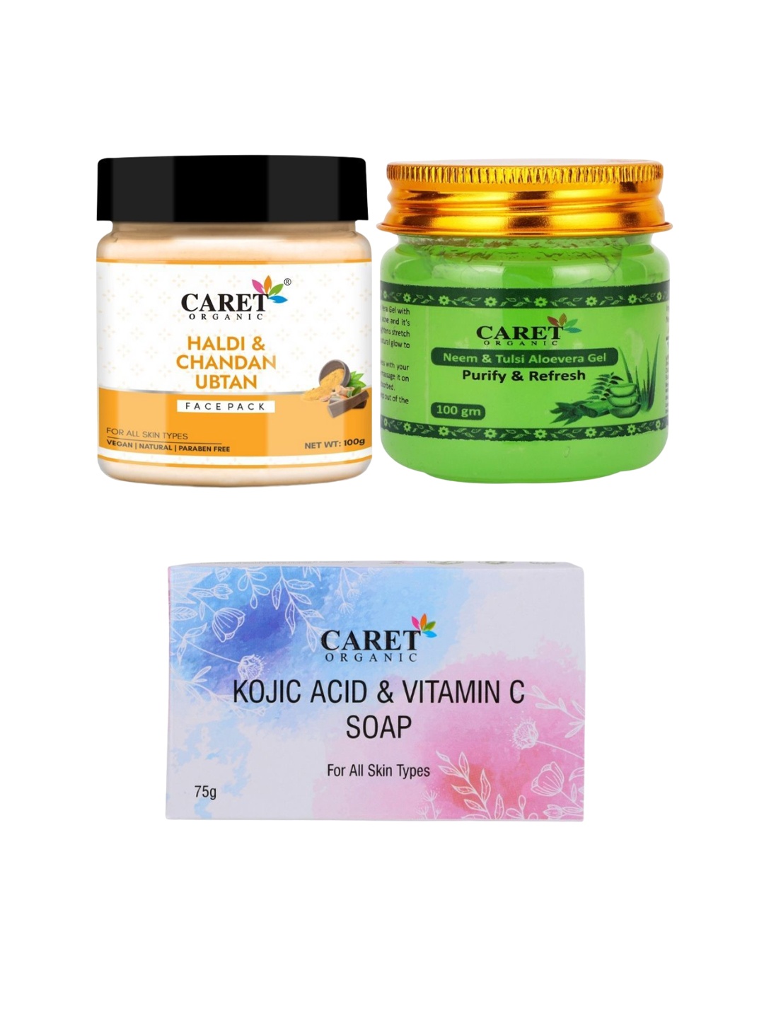 

CARET ORGANIC Set Of 3 Chandan Ubtan Face Pack With Kojic Acid Soap & Aloevera Gel Combo, White