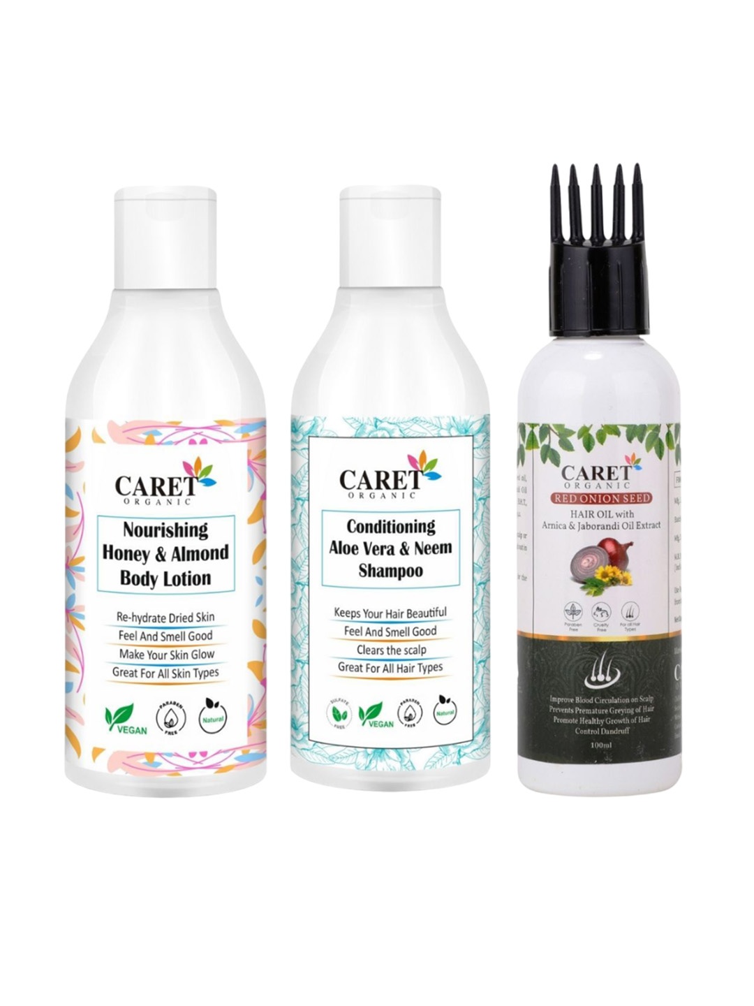 

CARET ORGANIC Set of 3 Almond Body Lotion, Hair Oil & Aloevera Neem Shampoo, White