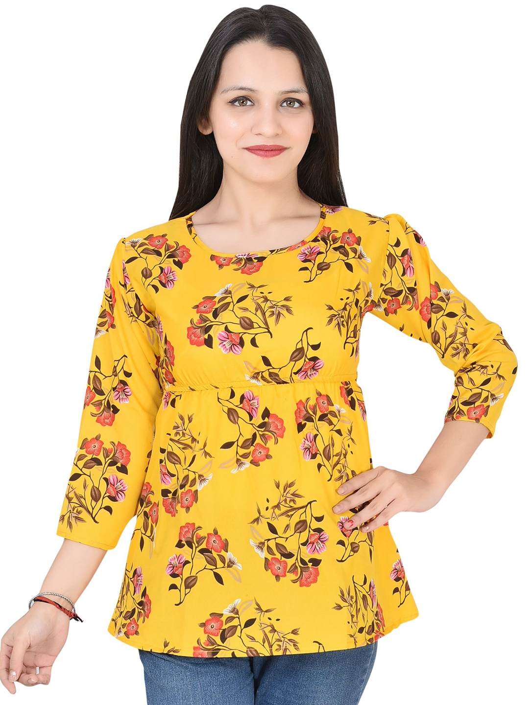 

SNIFFY Women Floral Printed Round Neck Regular Sleeves Top, Yellow