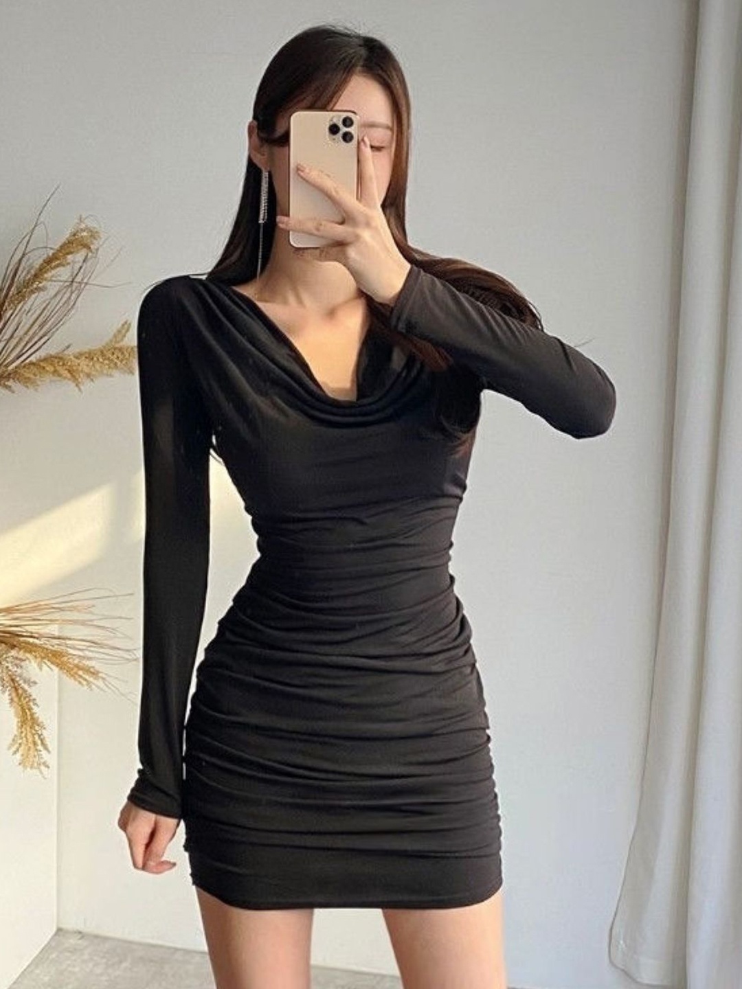 

KPOP Cowl Neck Long Sleeves Solid Bodycon Dress, Black