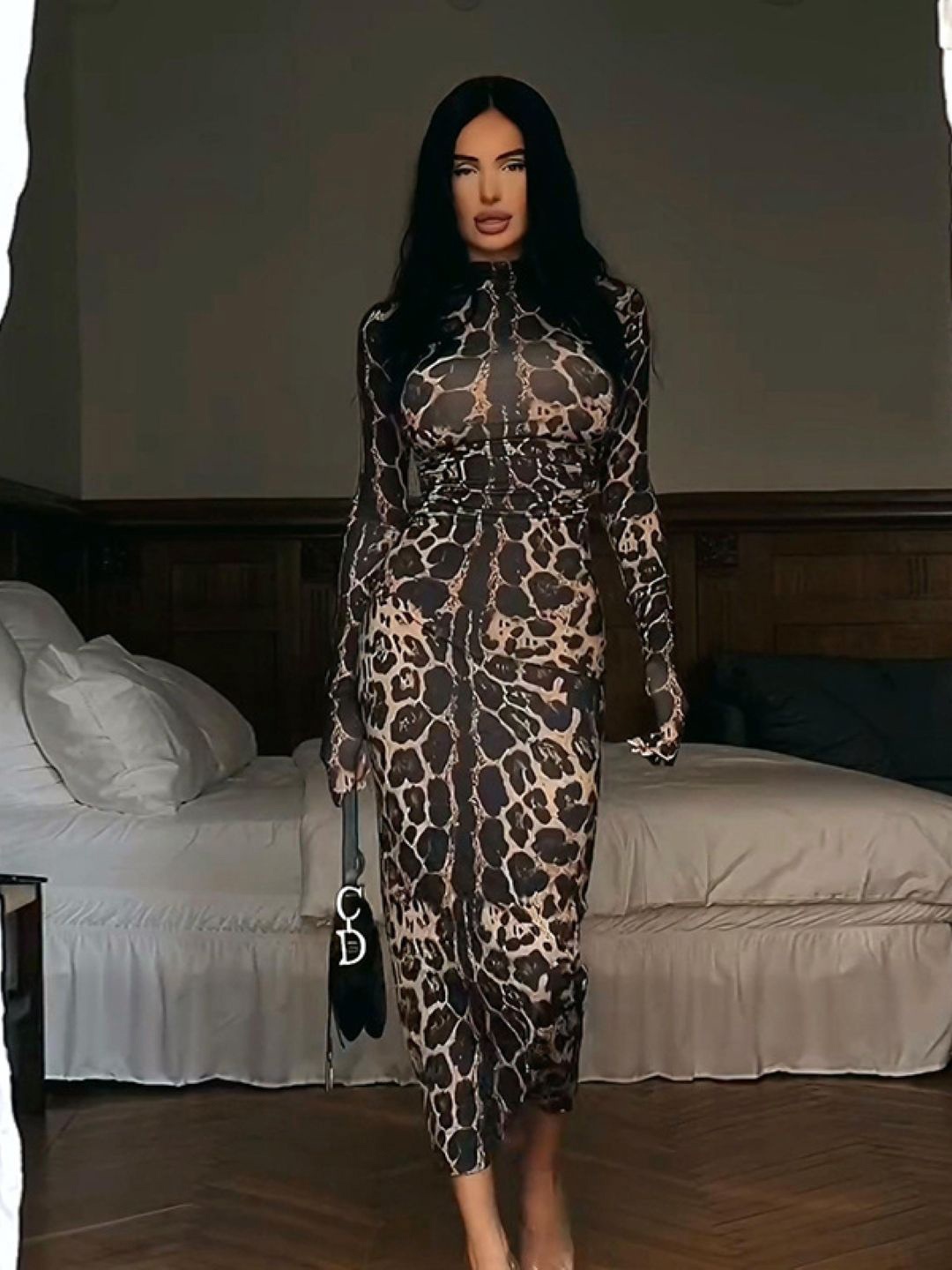 

KPOP Women Animal Printed Bodycon Midi Dress, Brown