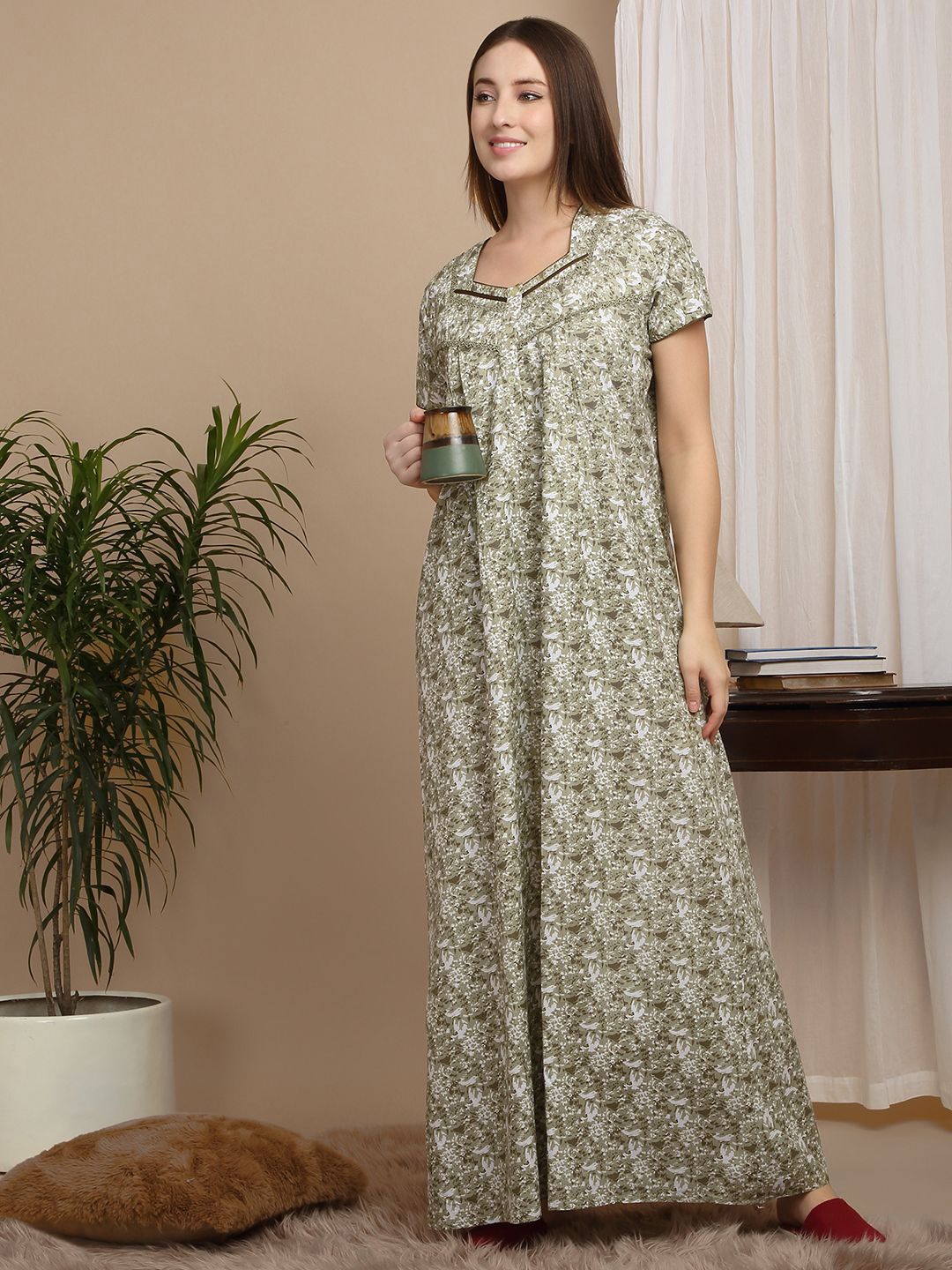 

Sweet Dreams Women Pure Cotton Printed Nightdress, Olive