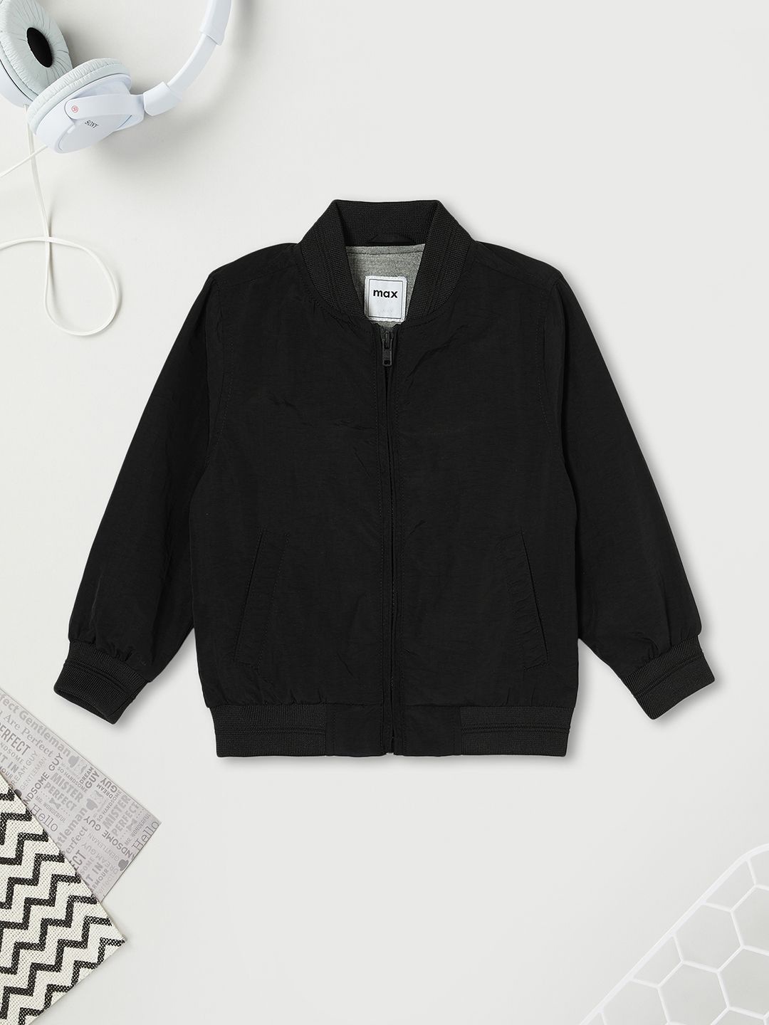 

max Boys Polyester Crop Tailored Jacket with Patchwork, Black