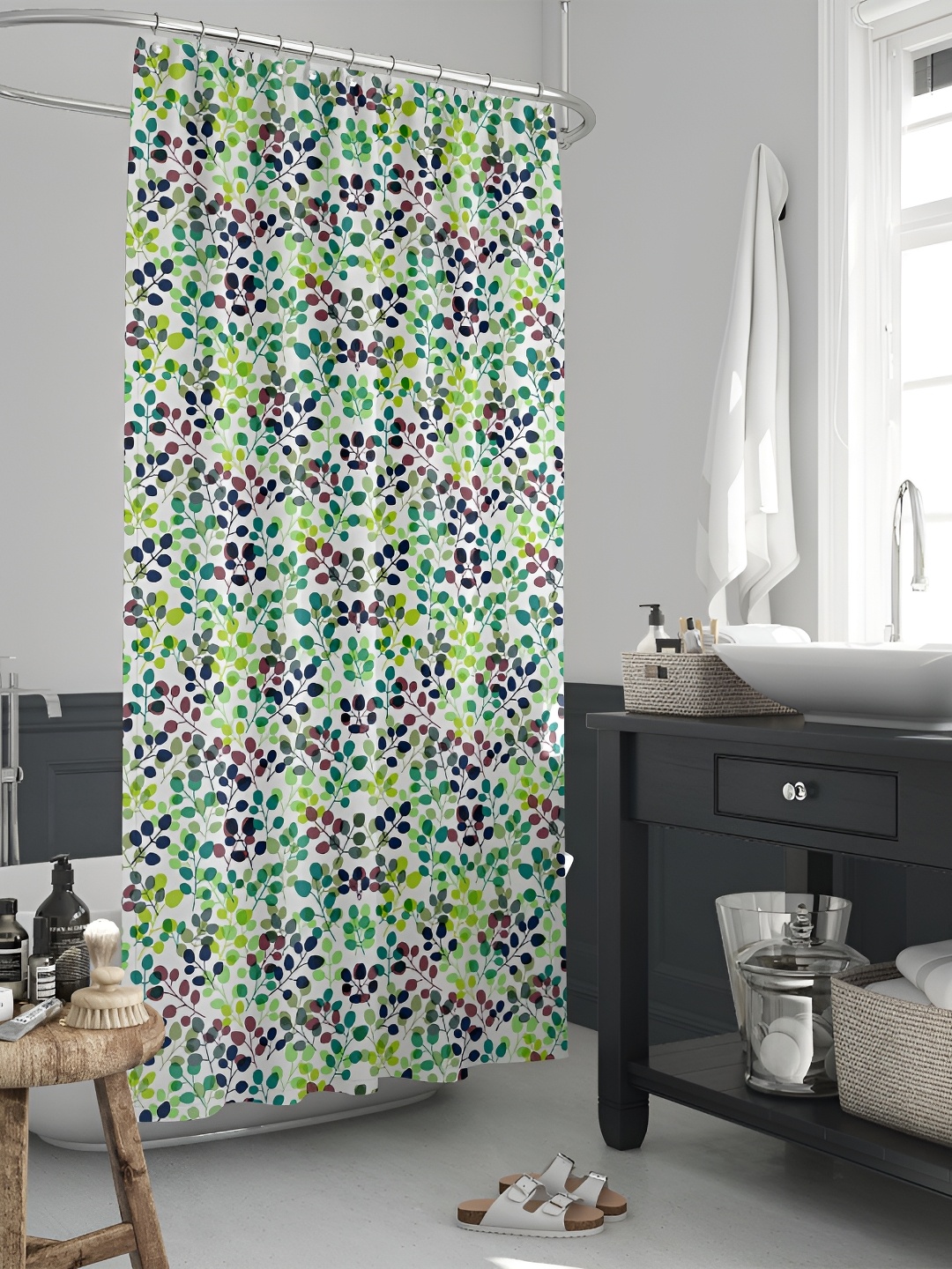 

ArtzFolio White & Green Floral Printed Waterproof Shower Curtain