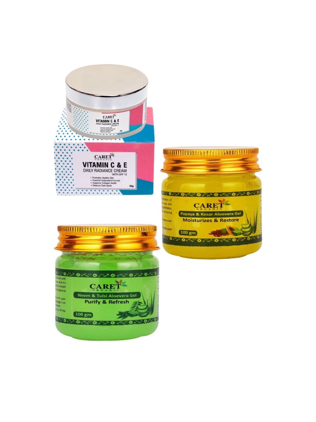 

CARET ORGANIC Set of 3 Vitamin C Radiance Cream Aloevera Gel & Neem Tulsi Aloevera Gel, White