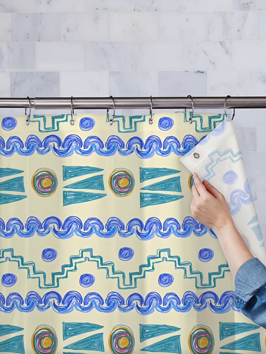 

ArtzFolio Cream Coloured & Blue Printed Waterproof Shower Curtain