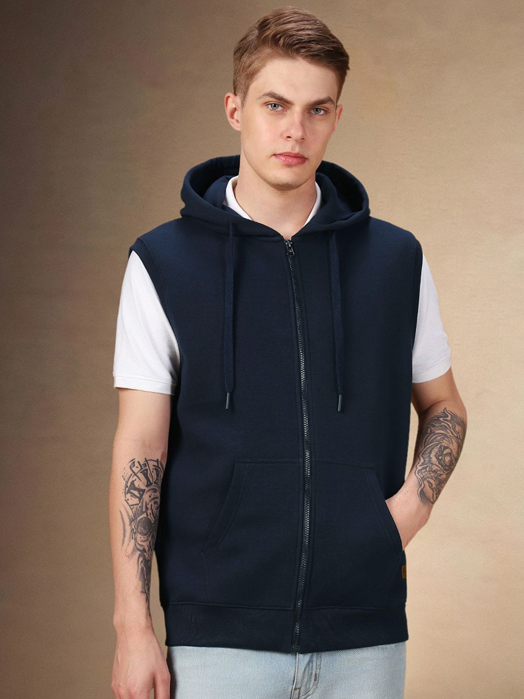 

Dennis Lingo Men Hooded Sleeveless Front-Open Sweatshirt, Navy blue