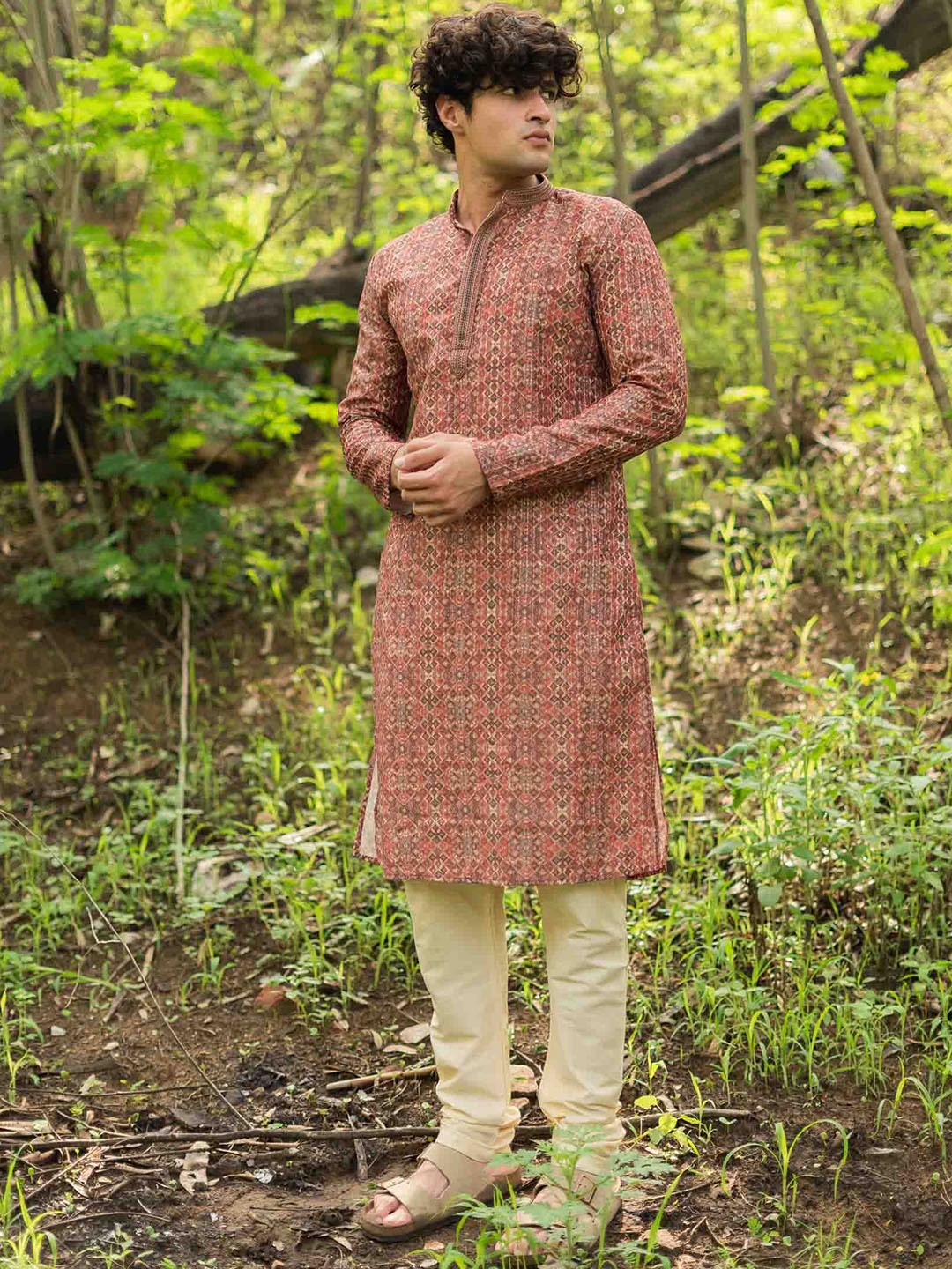 

Ethnic India Mandarin Collar Geometric Printed Thread Work Straight Kurta, Red