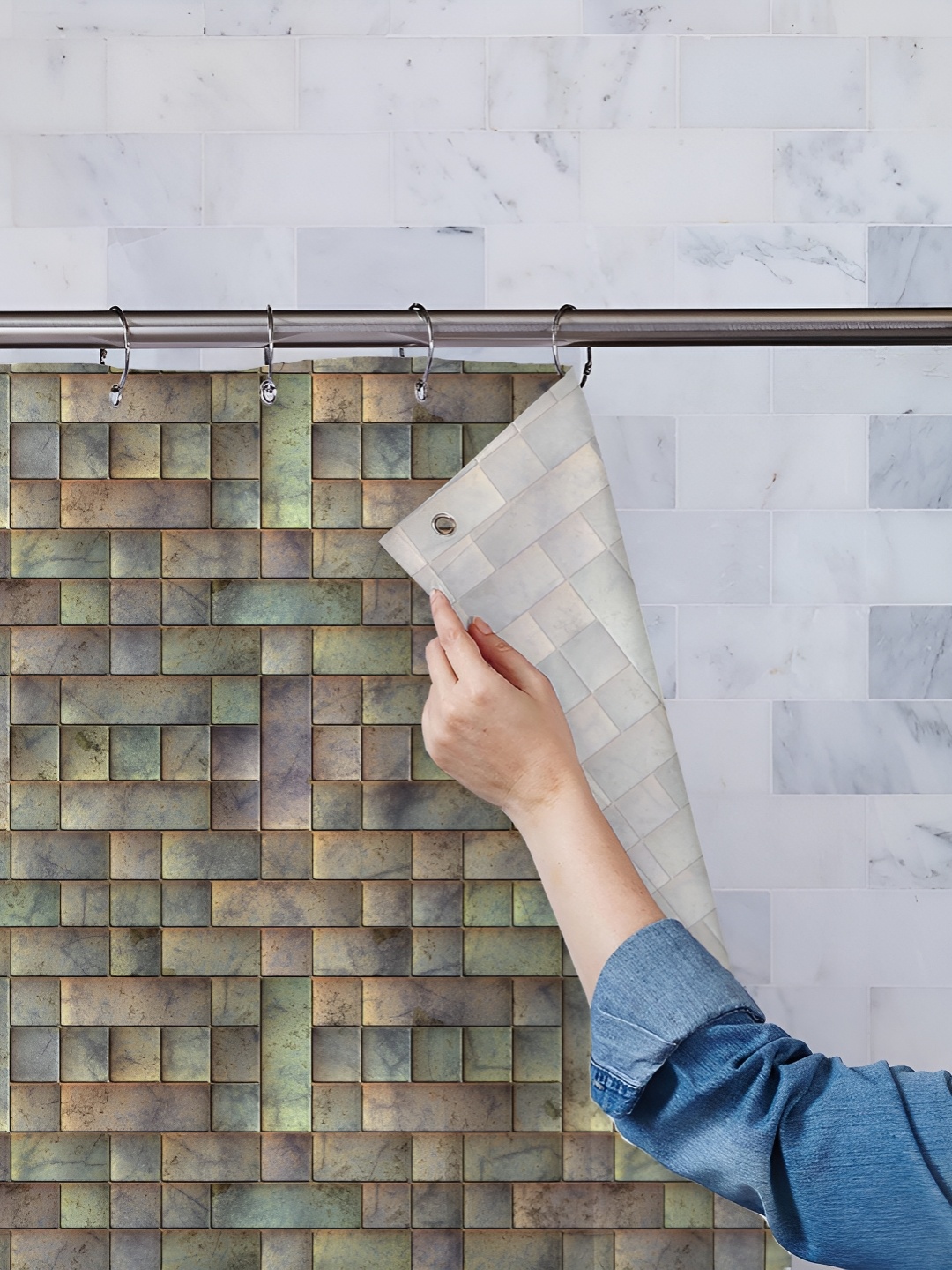 

ArtzFolio Grey & Beige Printed Water Proof Shower Curtain