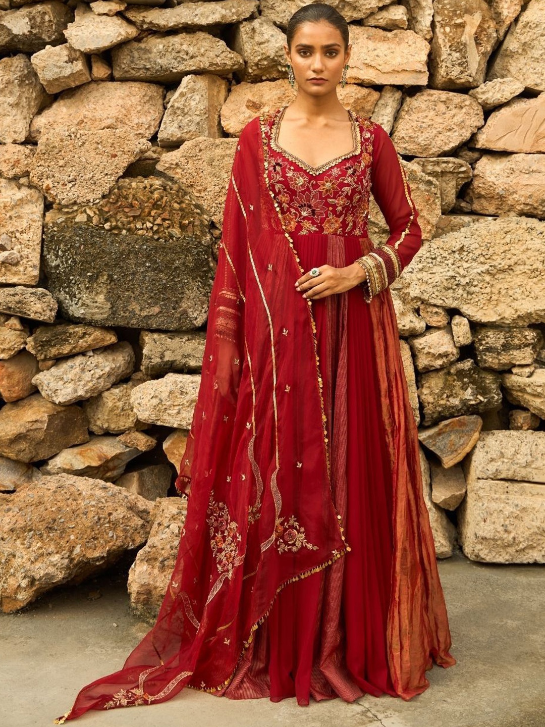 

Shreeka Floral Embroidered Sweetheart Neck Long Sleeves Georgette Ethnic Dress & Dupatta, Red