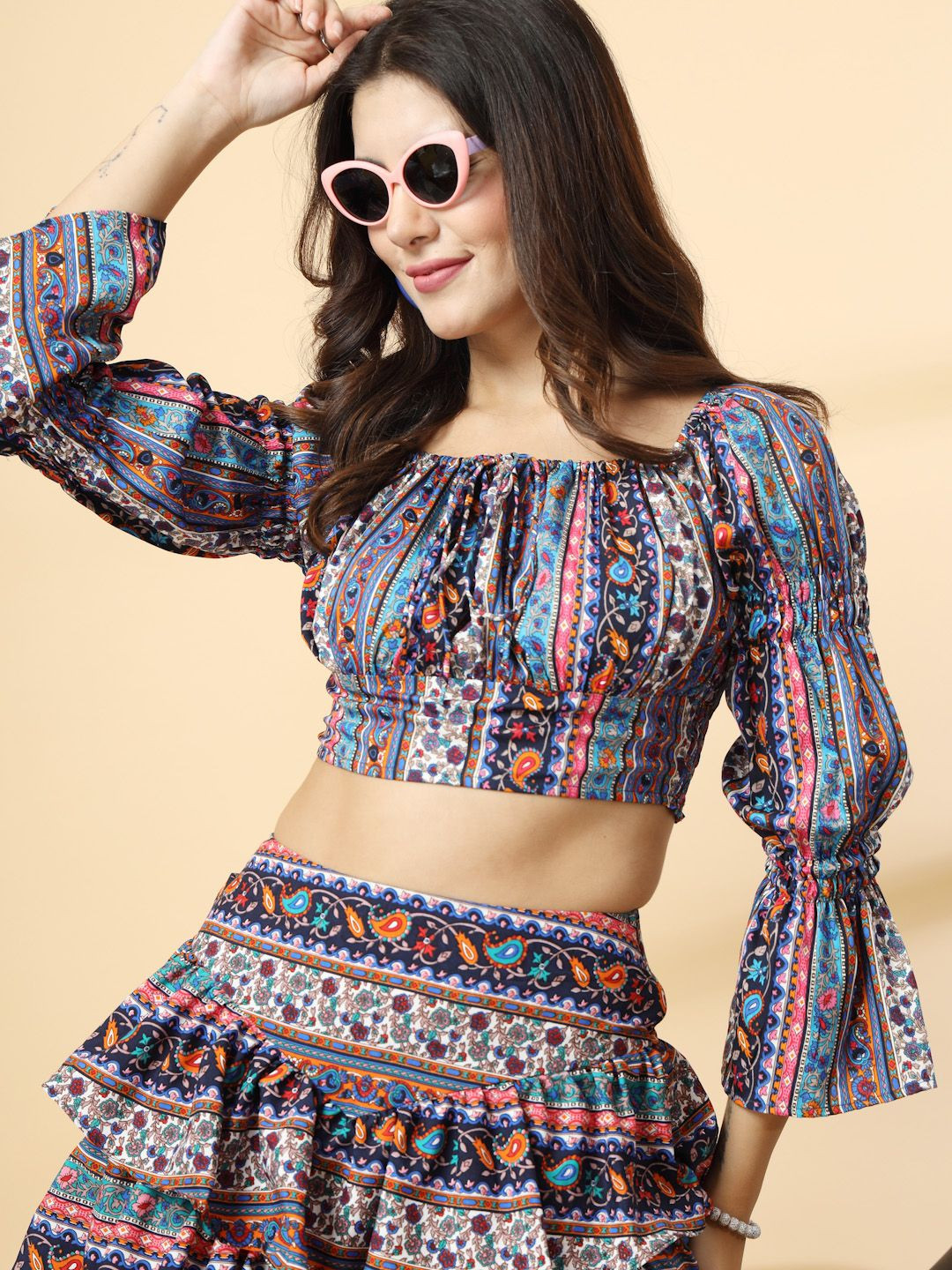 

Oomph! Women Bell Sleeve Bardot Crop Top, Blue