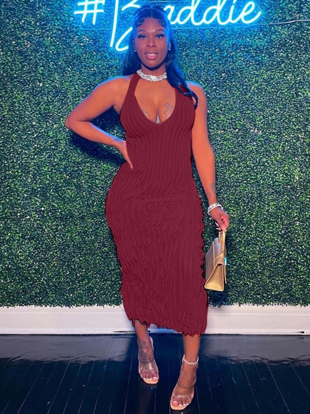 

KPOP Women Women Self Design V-Neck Sleeveless Bodycon Midi Dress, Burgundy