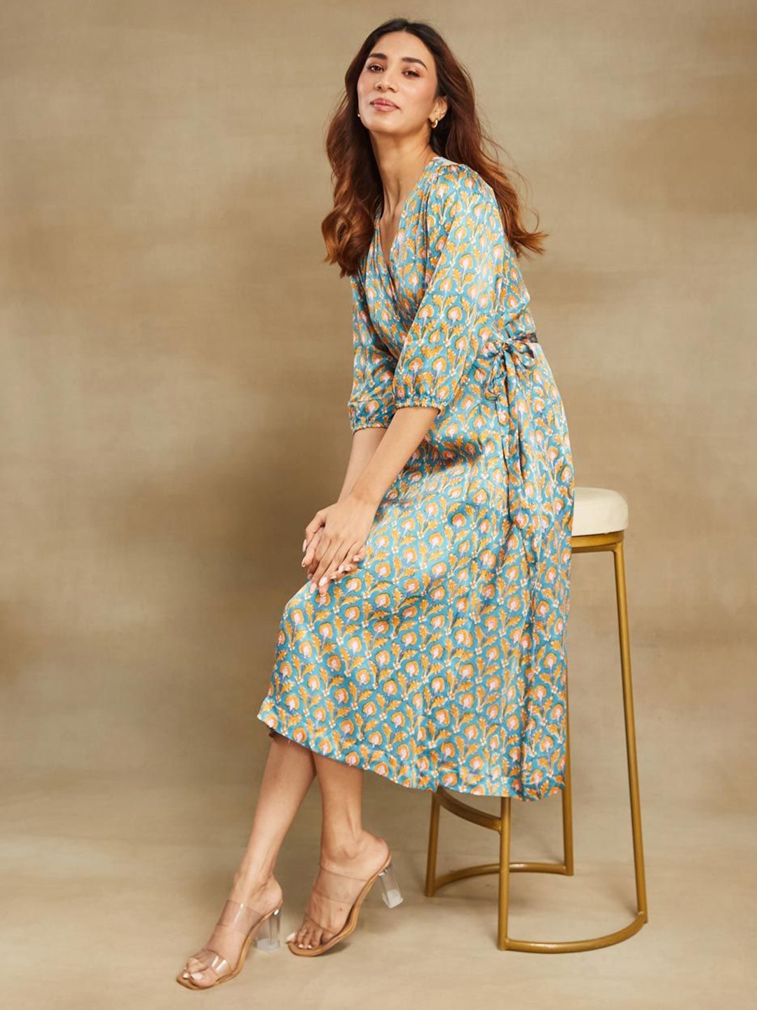

Fabindia Women Floral Printed Wrap Midi Dress, Teal