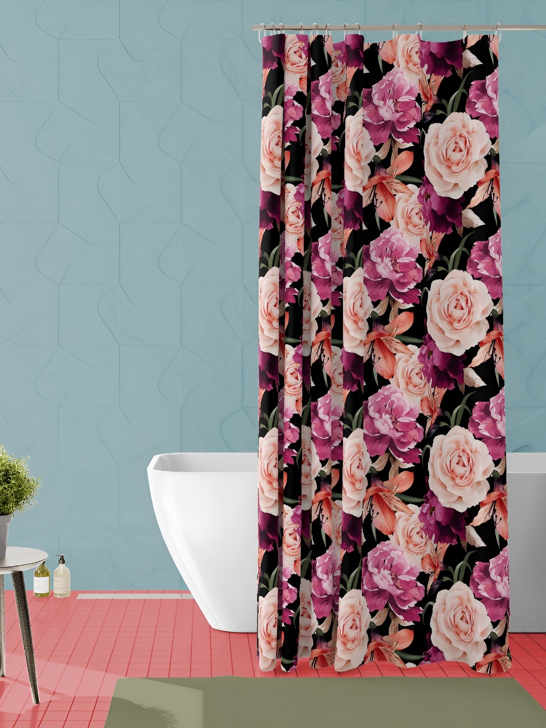 

ArtzFolio Black & Pink Floral Printed Waterproof Shower Curtain
