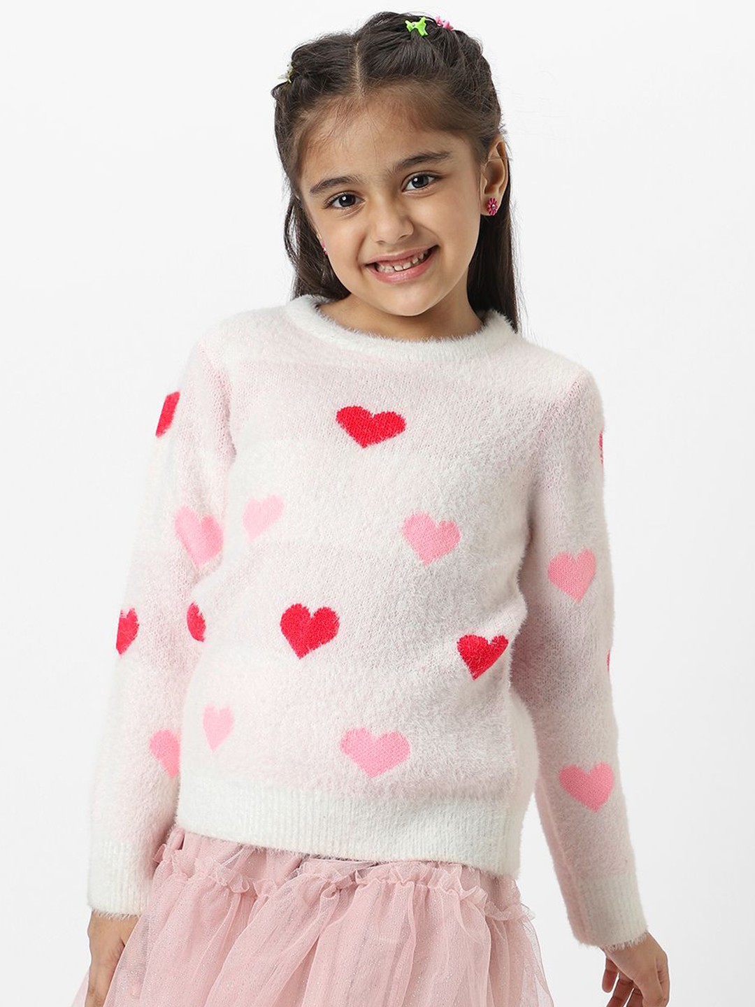 

Nautinati Girls' Heart Jaquard Full Sleeves Acrylic Sweater, White