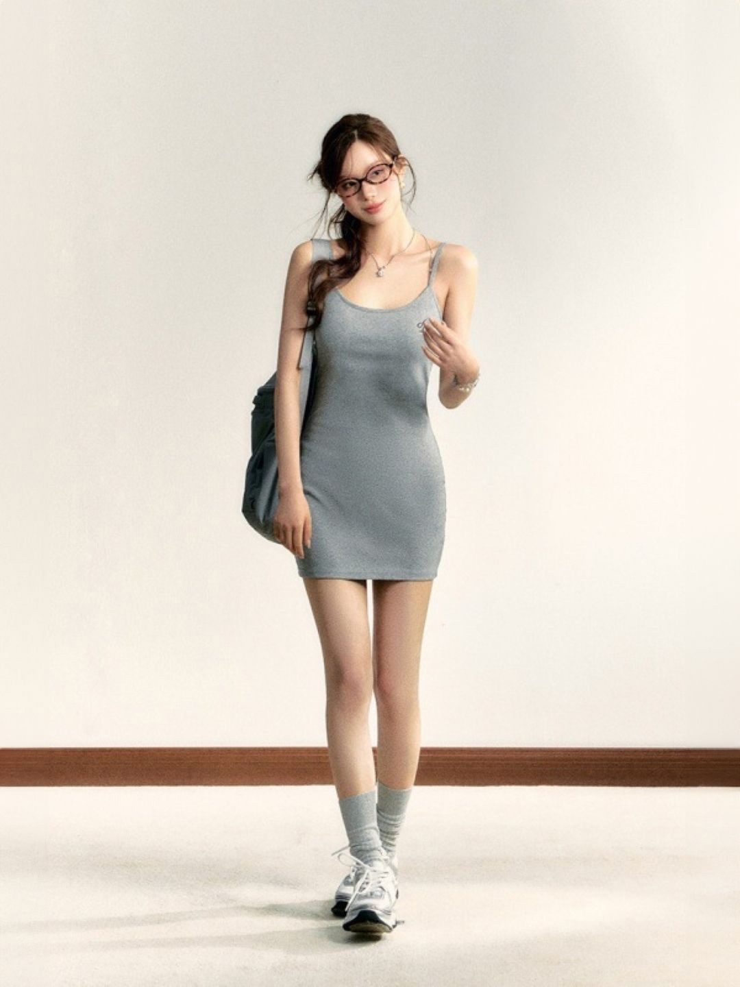 

KPOP Women Print Shoulder Straps Sleeveless Above Knee Bodycon Dress, Grey