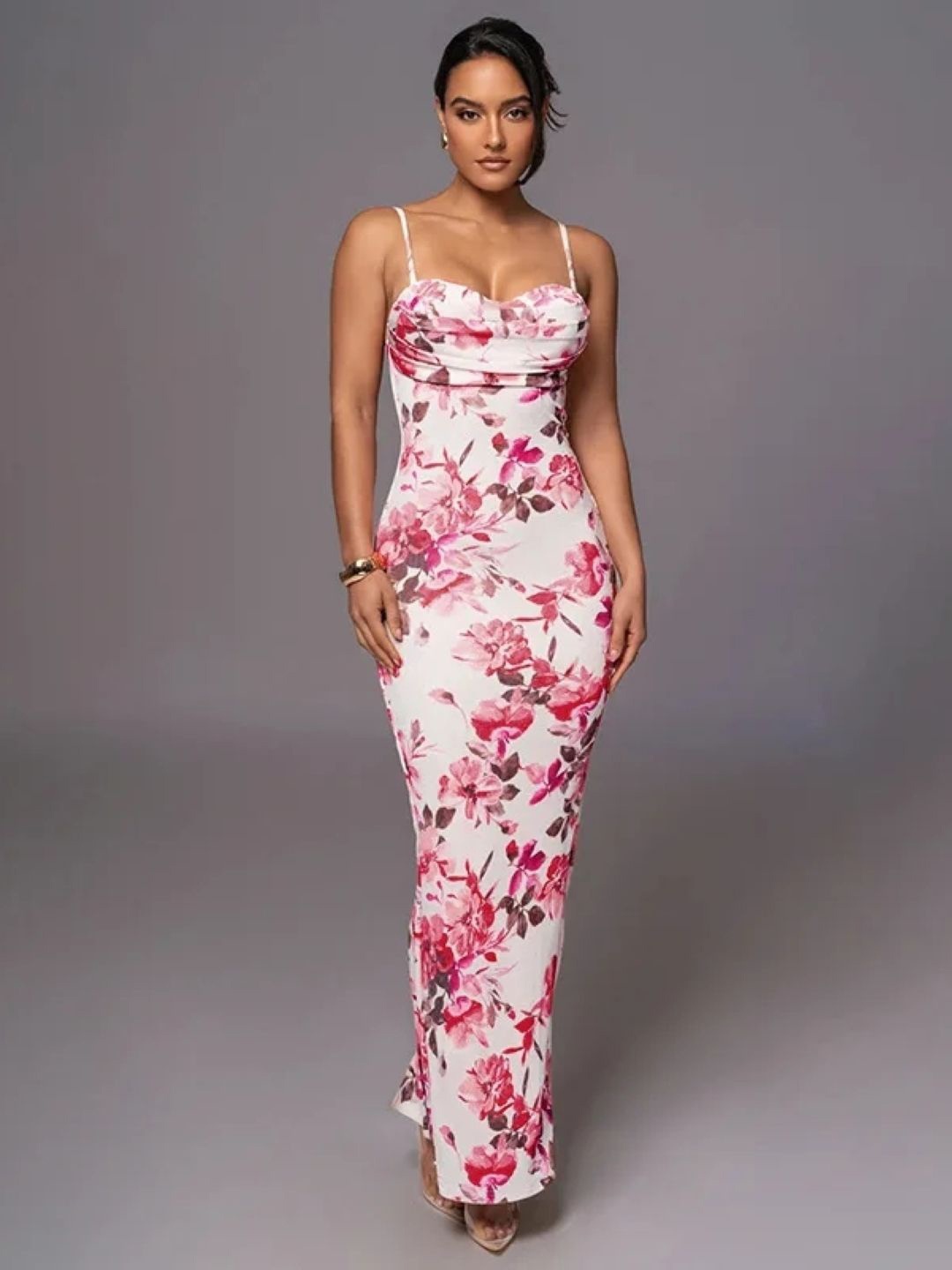 

KPOP Women Cotton Floral Printed Bodycon Maxi Dress, Pink
