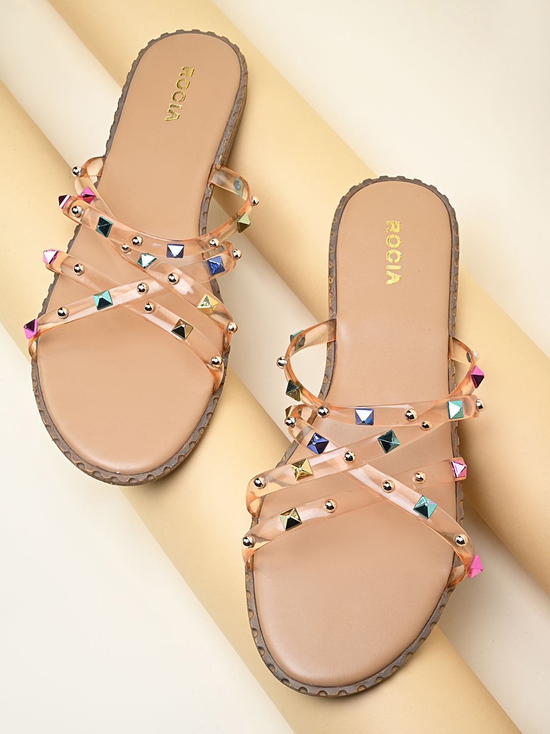 

Rocia Women Open Toe Strappy Vinyl Flats, Beige