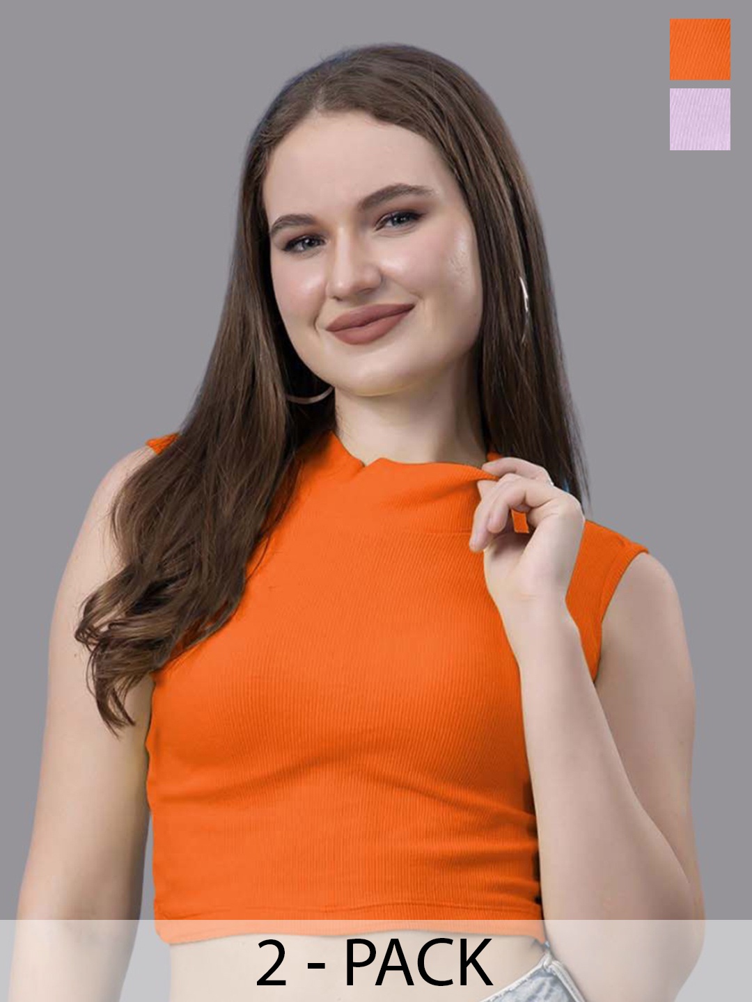 

Friskers Women Pack of 2 Cotton High Neck Sleeveless Crop Top, Orange