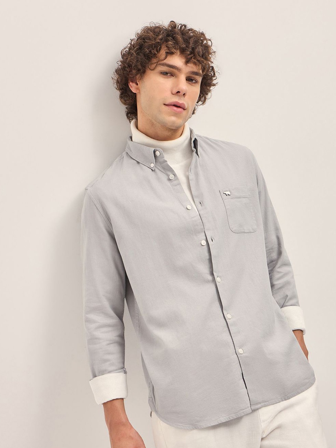 

THE BEAR HOUSE Men Button-Down Collar Solid Cotton Slim Fit Casual Shirt, Grey