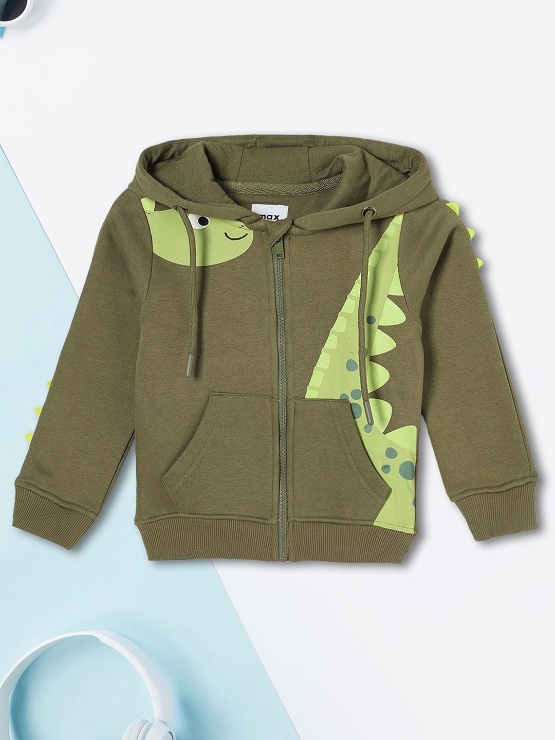 

max Boys Cotton Printed Hooded Front-Open Sweatshirt, Green