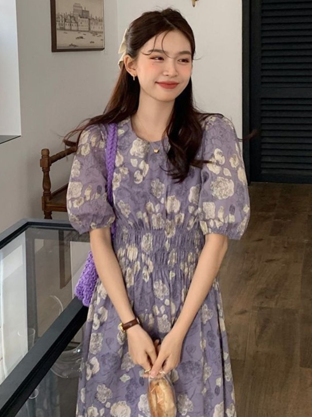 

KPOP Women Floral Printed Puff Sleeve Fit & Flare Maxi Dress, Purple