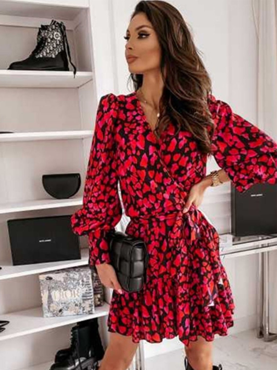 

HERE&NOW Women Abstract Printed V-neck Cuffed Sleeves Fit & Flared Mini Dress, Red
